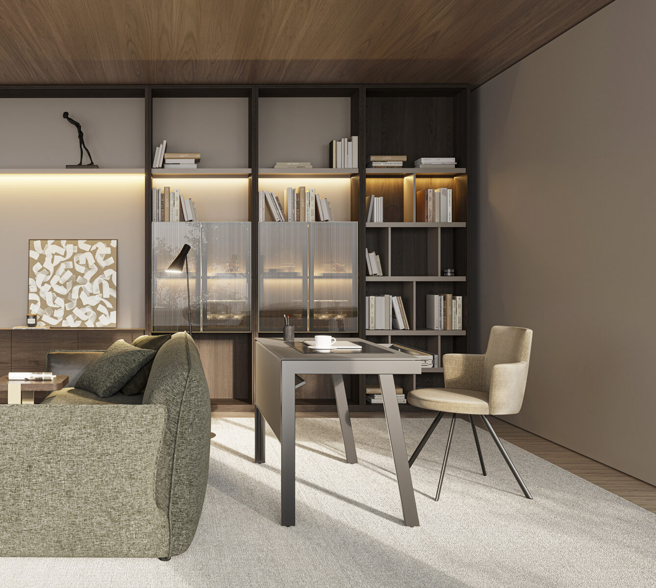 Contemporary living room featuring a large bookshelf, a cozy sofa, a desk with a chair, and warm lighting, showcasing stylish furniture from Saloni Furniture.
