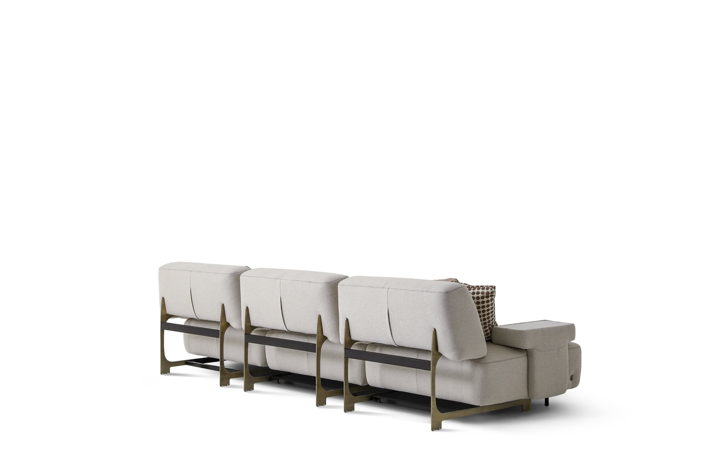 Elegant beige sectional sofa with gold accents, plush cushions, and contemporary design, perfect for stylish and comfortable living room setups.