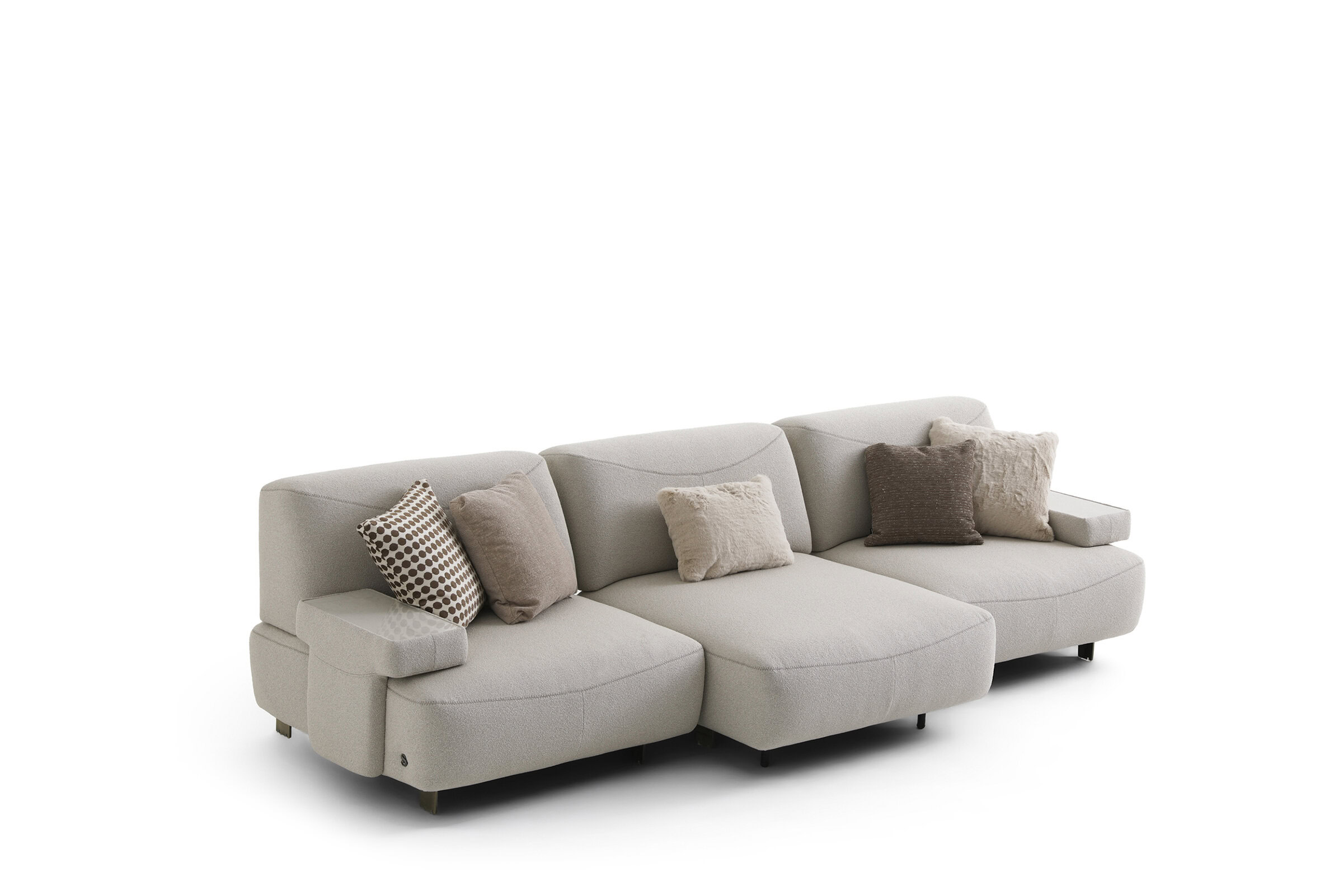 Elegant light gray sofa with multiple cushions, perfect for contemporary living rooms and stylish home decor. Comfortable and spacious seating for family and guests.