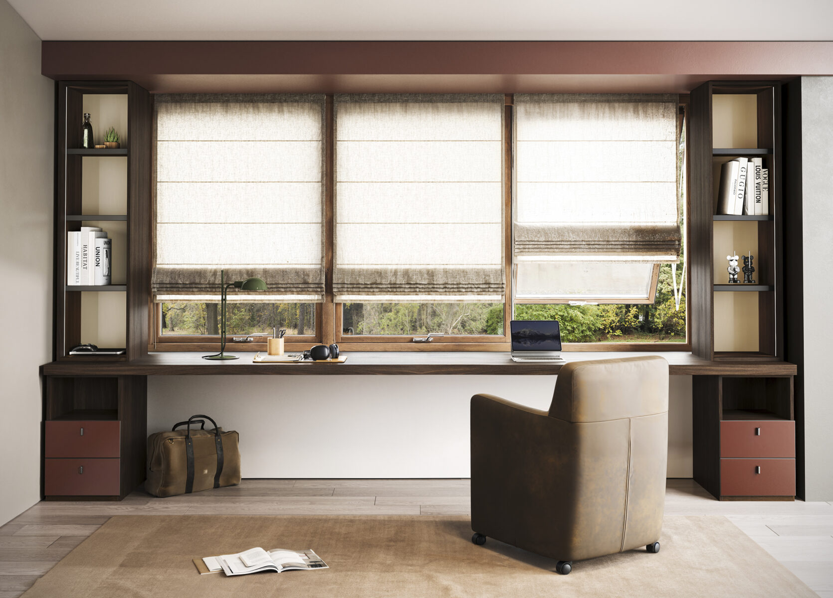 Elegant home office featuring large windows with Roman shades, a built-in desk with storage, and a comfortable armchair for reading or working.