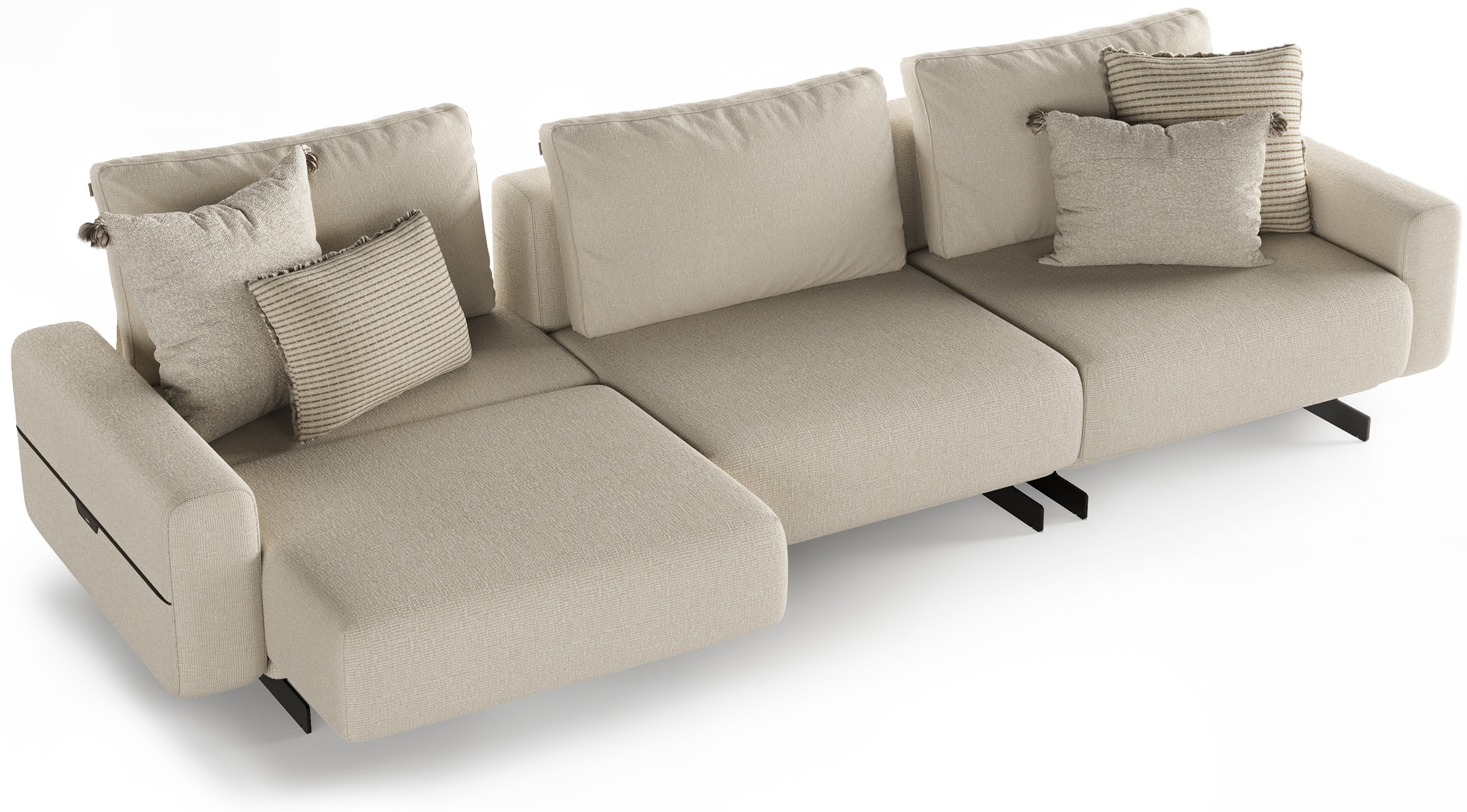 Elegant beige sectional sofa with multiple cushions, perfect for contemporary living rooms, offering comfort and style.