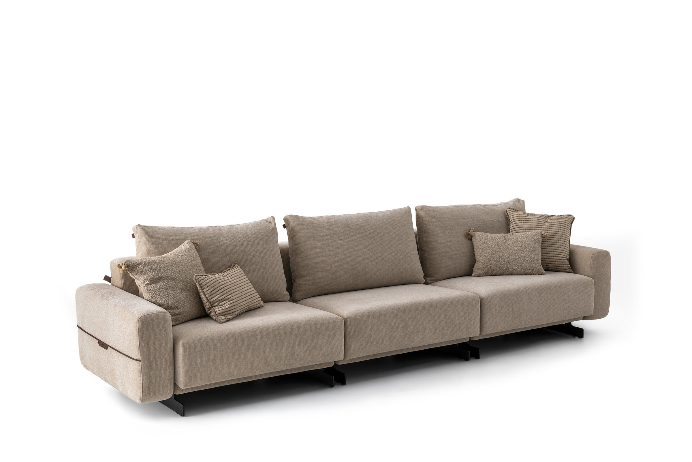 Elegant beige sofa with multiple cushions, perfect for contemporary living rooms, showcasing high-quality furniture from Saloni Furniture.