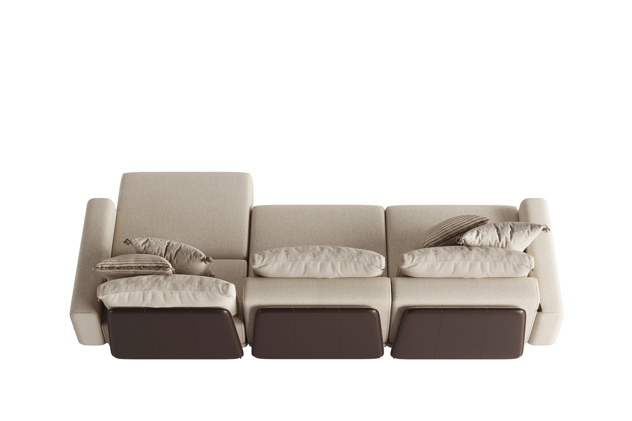 Elegant beige sofa with plush cushions and dark wooden legs, ideal for contemporary living room decor.