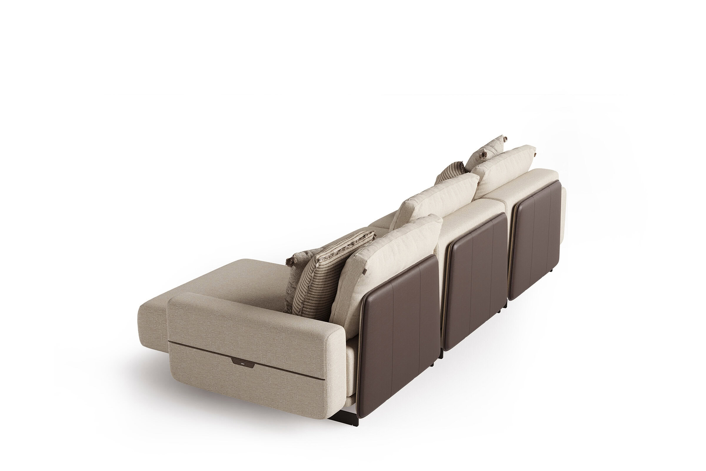 Contemporary beige and brown reclining sofa with plush cushions, perfect for modern living rooms, from Saloni Furniture.
