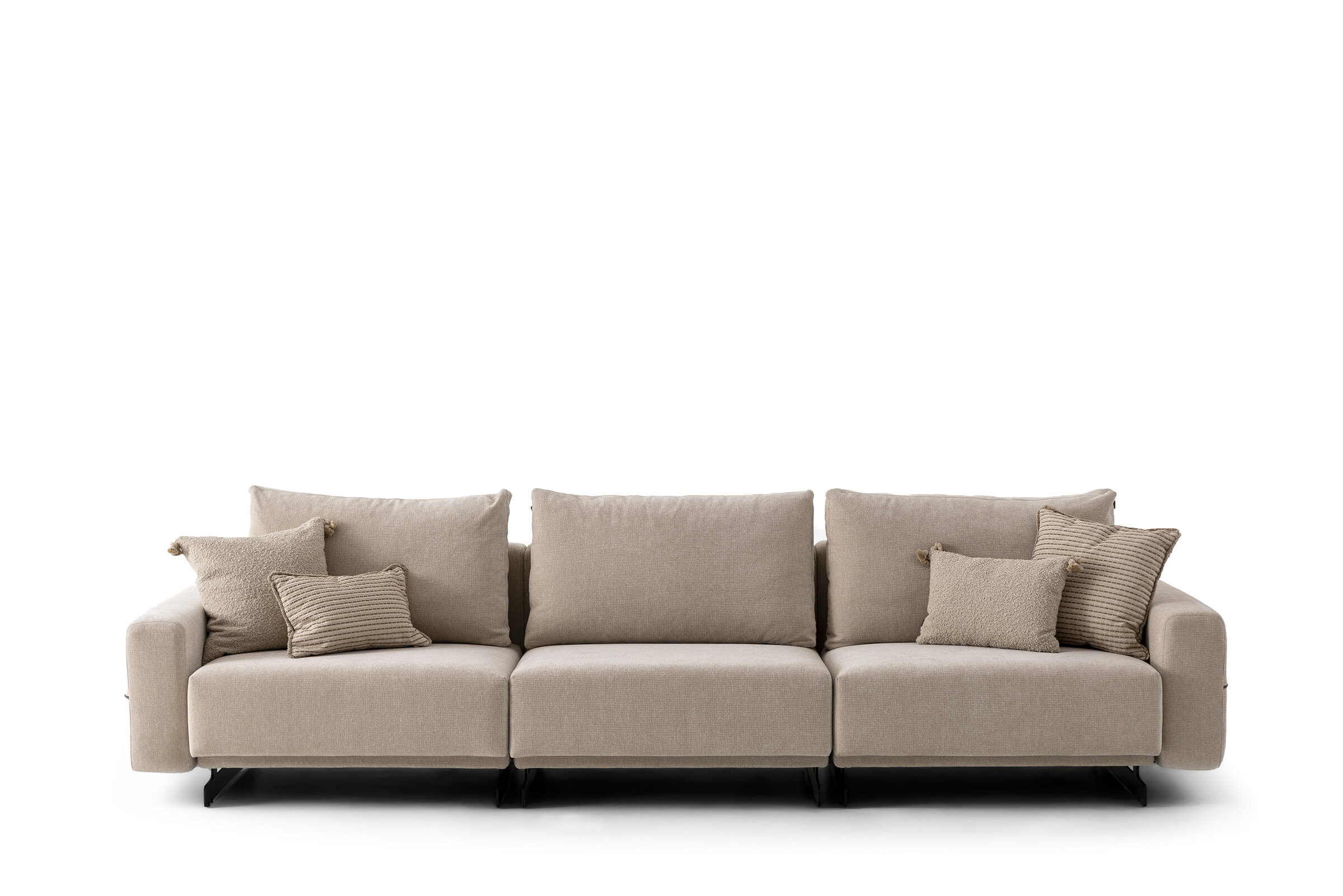 Elegant beige sofa from Saloni Furniture, perfect for contemporary living rooms, featuring plush cushions and a sleek design for stylish comfort.