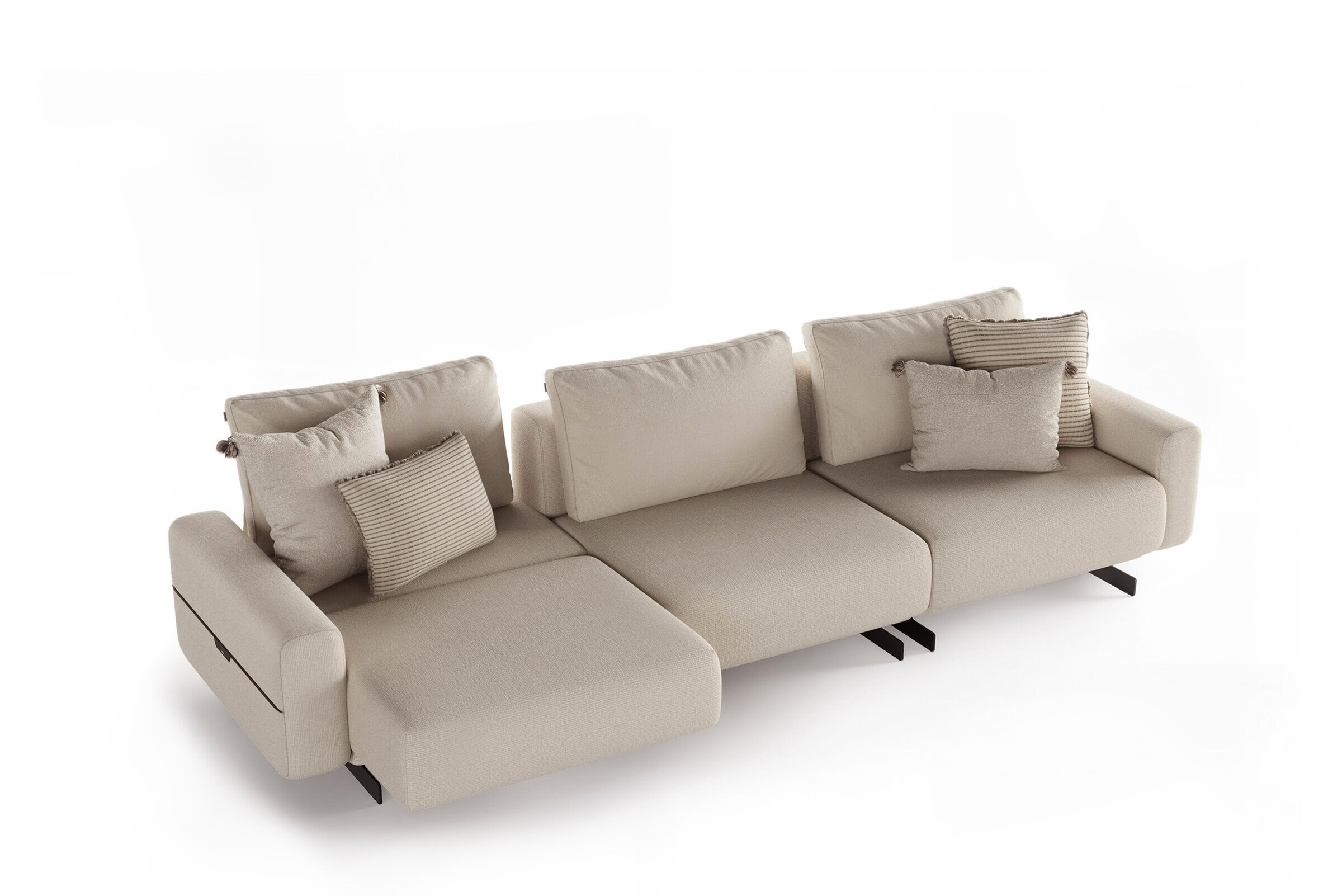 Elegant beige sectional sofa with multiple cushions, perfect for contemporary living rooms, showcasing stylish and comfortable furniture from Saloni Furniture.