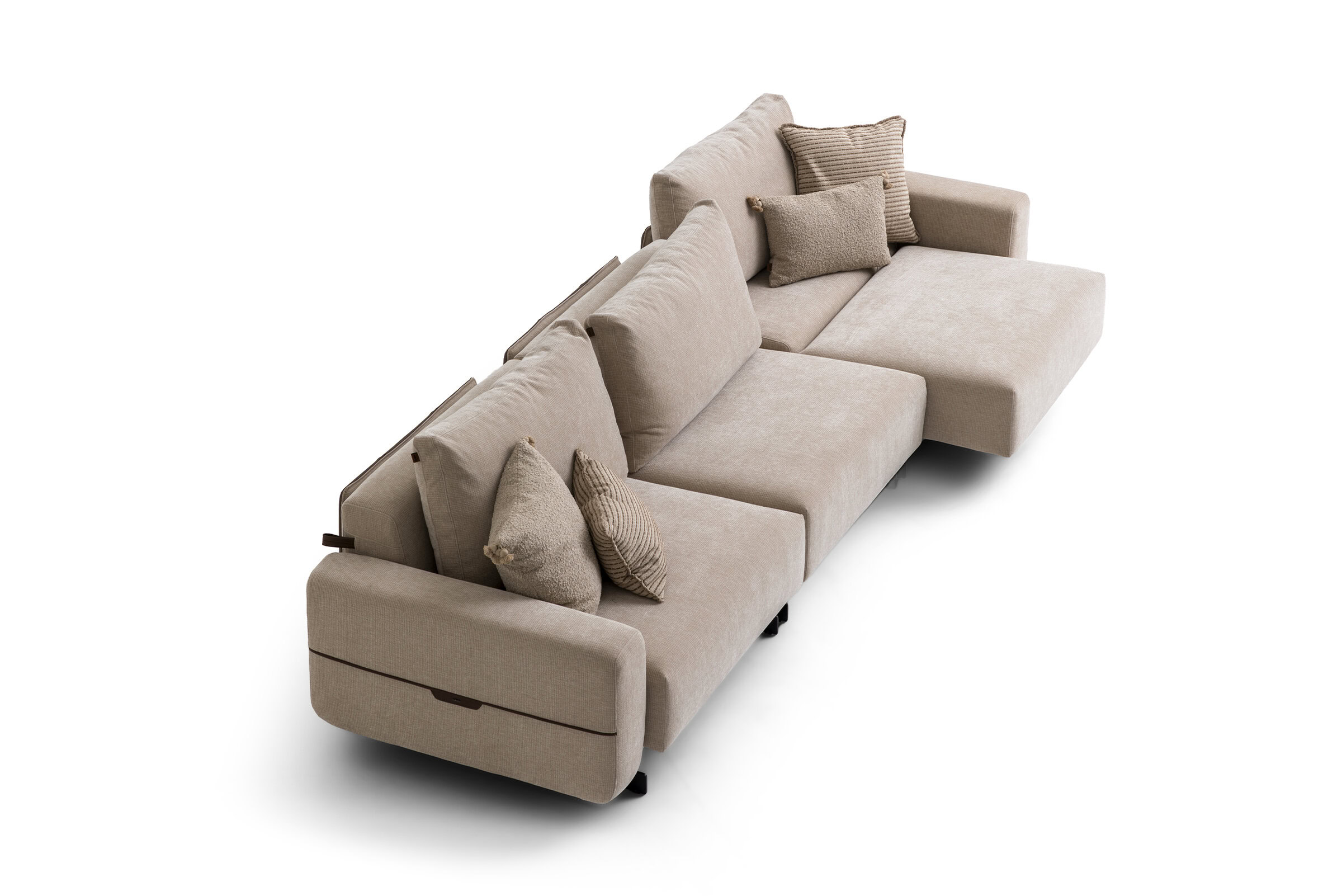 Elegant beige sectional sofa with plush cushions, perfect for contemporary living rooms, offering comfort and style.