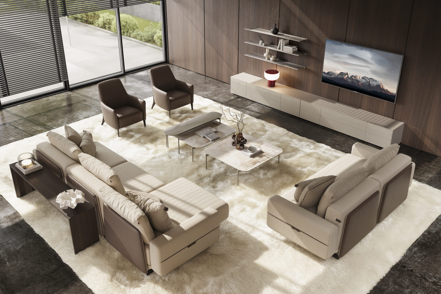 Elegant modern living room featuring a beige sectional sofa, two armchairs, a sleek TV console, and a large flat-screen TV, perfect for contemporary home decor.