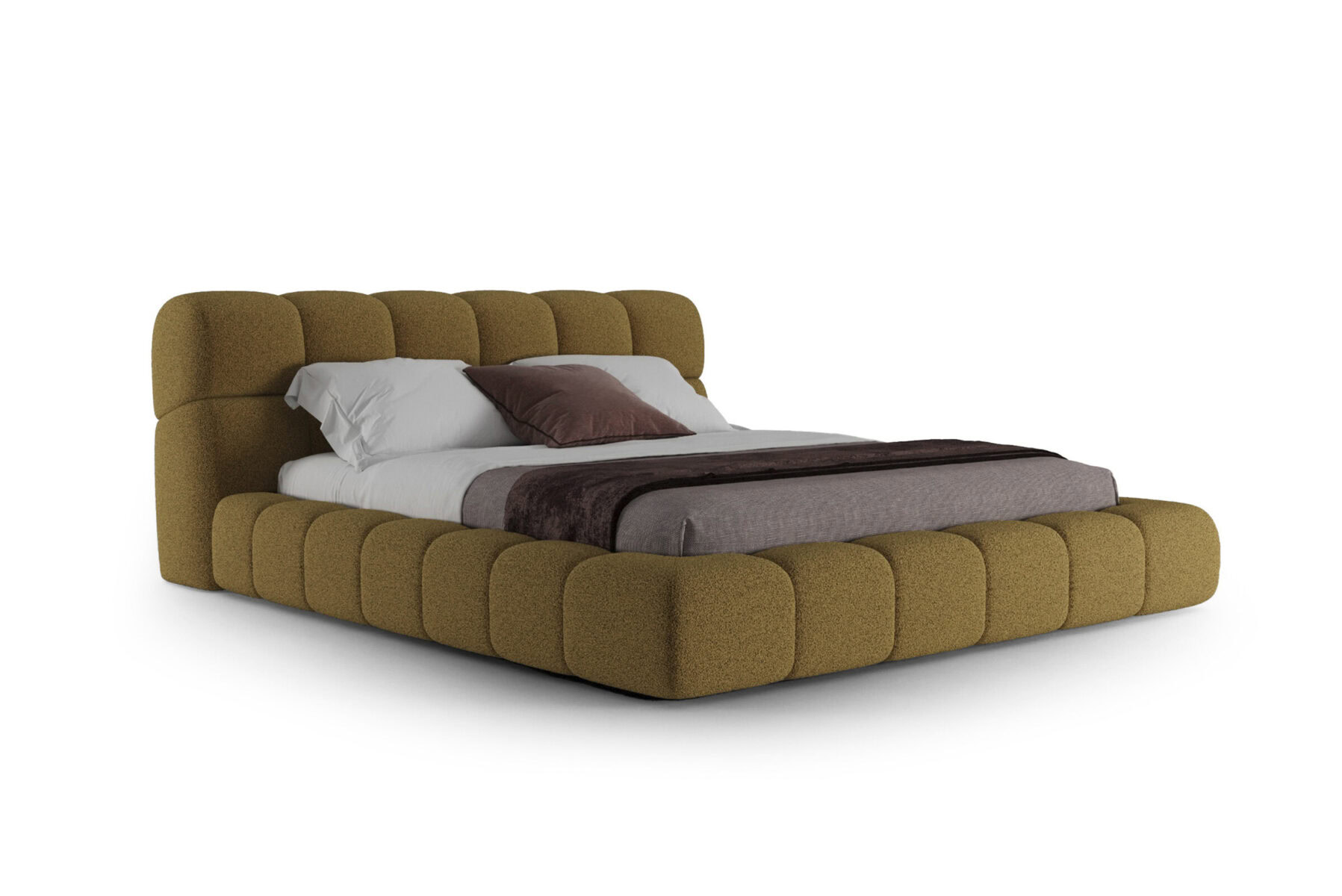 Luxurious brown upholstered bed with a modern, chunky design, featuring a padded headboard and base for stylish comfort and elegance. Perfect for contemporary bedroom decor.