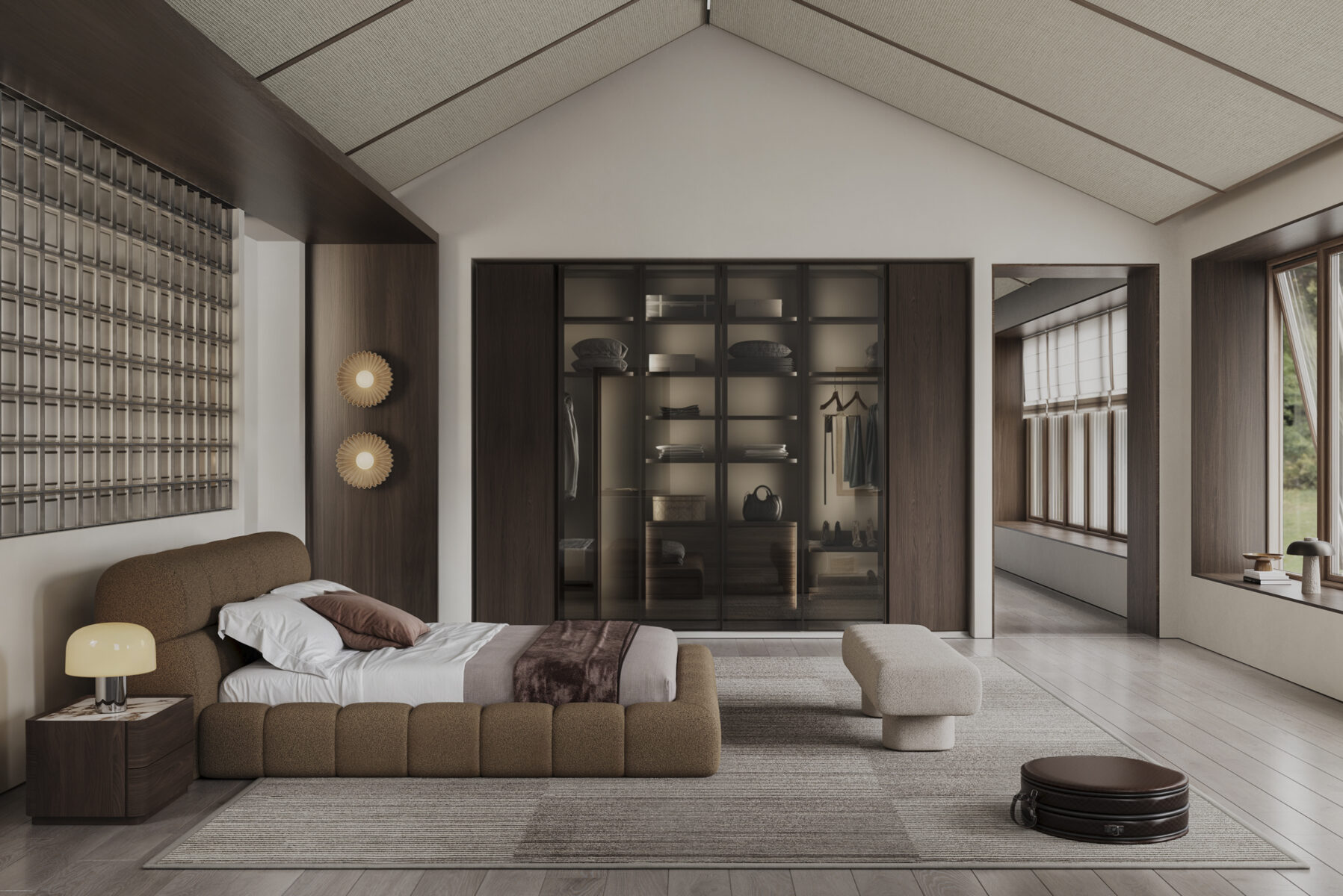 Modern bedroom with contemporary furniture, neutral tones, and stylish decor perfect for upscale residential interiors.