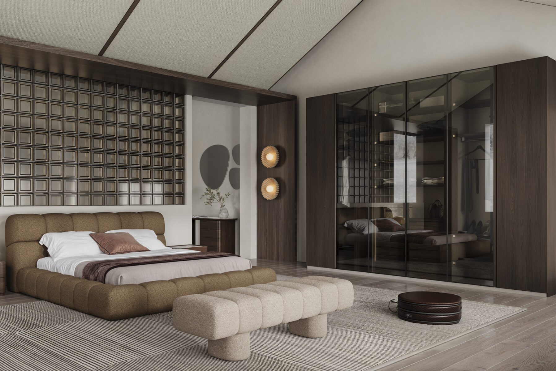 Luxurious modern bedroom with contemporary furniture, plush bed, and stylish storage cabinets; ideal for sophisticated interior design and home decor.