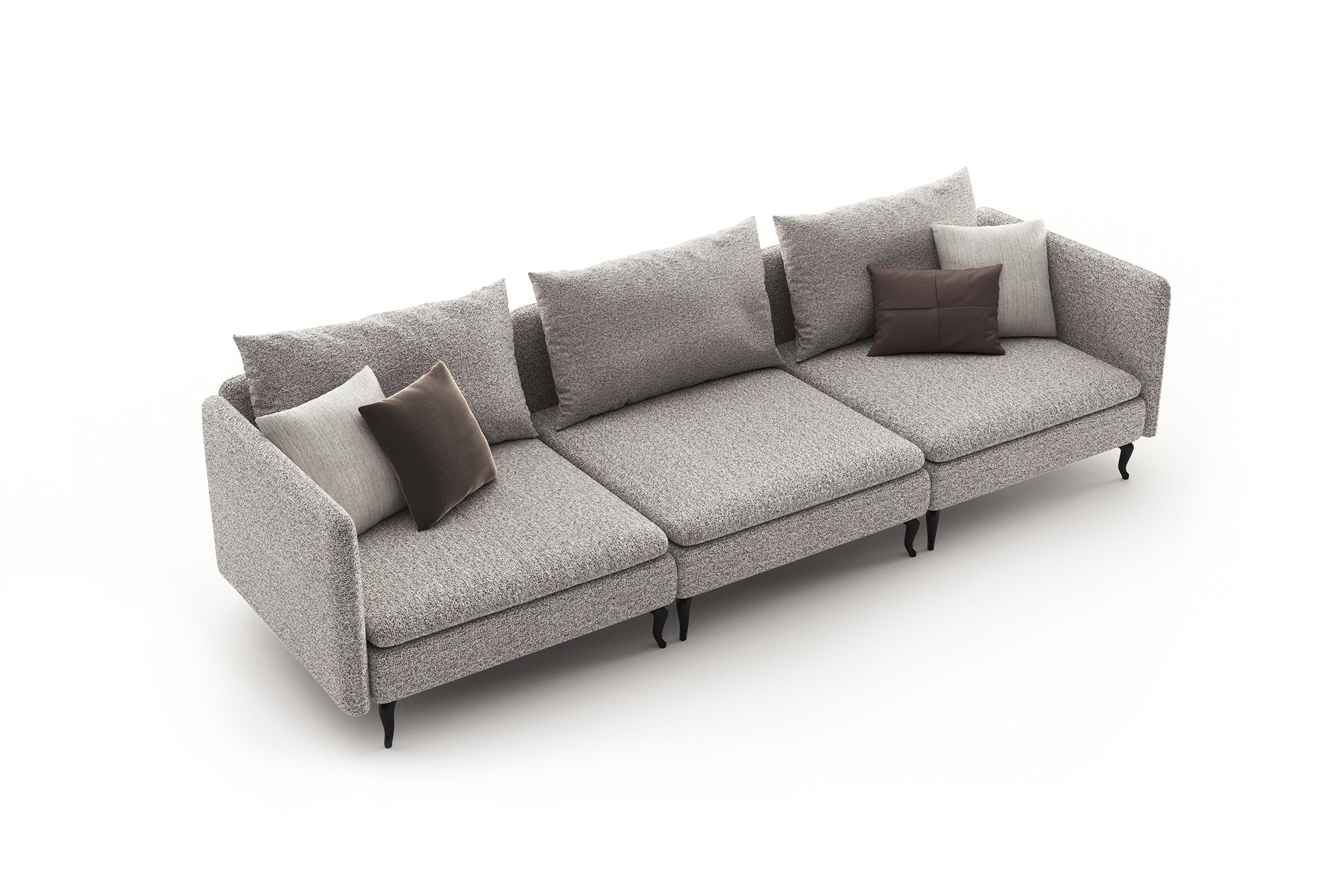 A stylish, contemporary grey fabric sofa featuring multiple cushions, perfect for living rooms. Crafted for comfort and elegance, ideal for modern home decor.