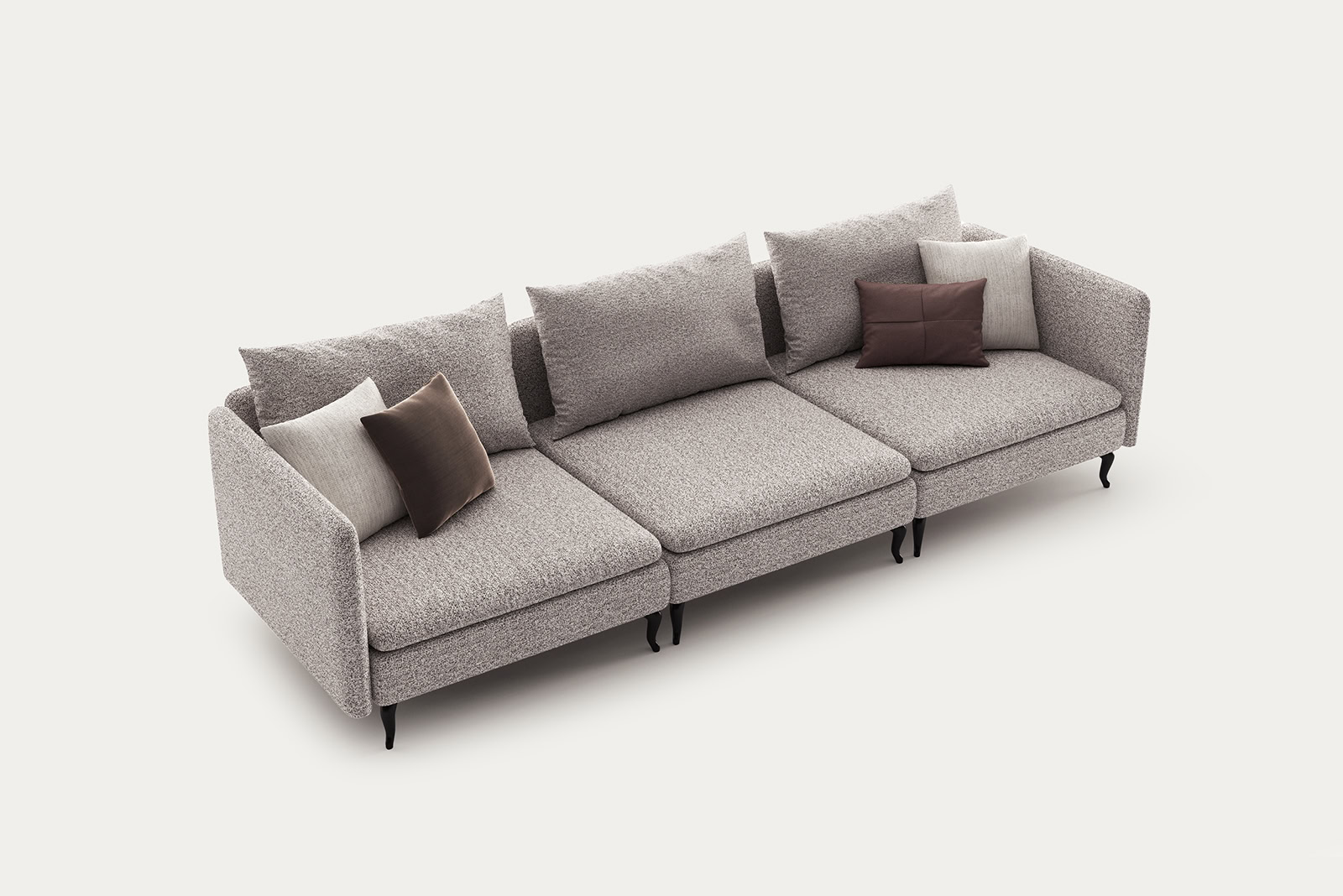 Elegant grey fabric sofa with multiple cushions, perfect for contemporary living room decor, from Saloni Furniture.