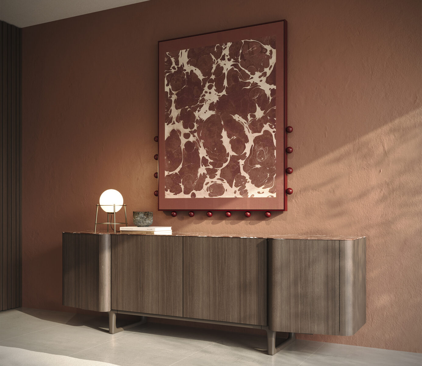 Stylish wooden sideboard in a contemporary living room with abstract wall art and decorative lighting, perfect for modern home decor.