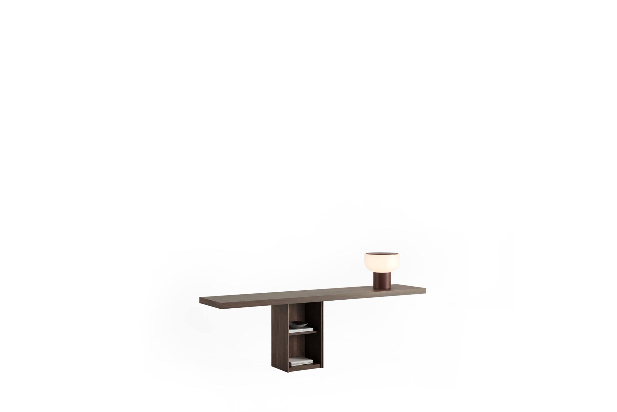 Masă consolă contemporană din lemn, cu rafturi deschise și o lampă de masă decorativă, ideală pentru decorul modern al camerei de zi sau al biroului.