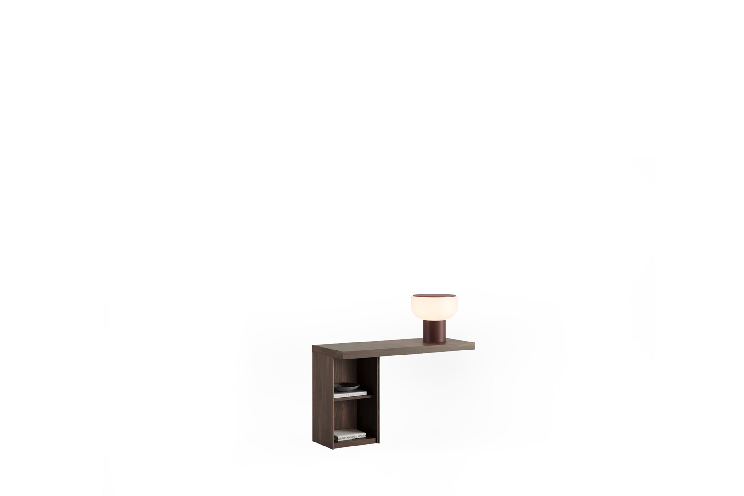 Masă consolă modernă și elegantă din lemn, cu rafturi deschise și o lampă de masă stilată, perfectă pentru decorul interior contemporan.