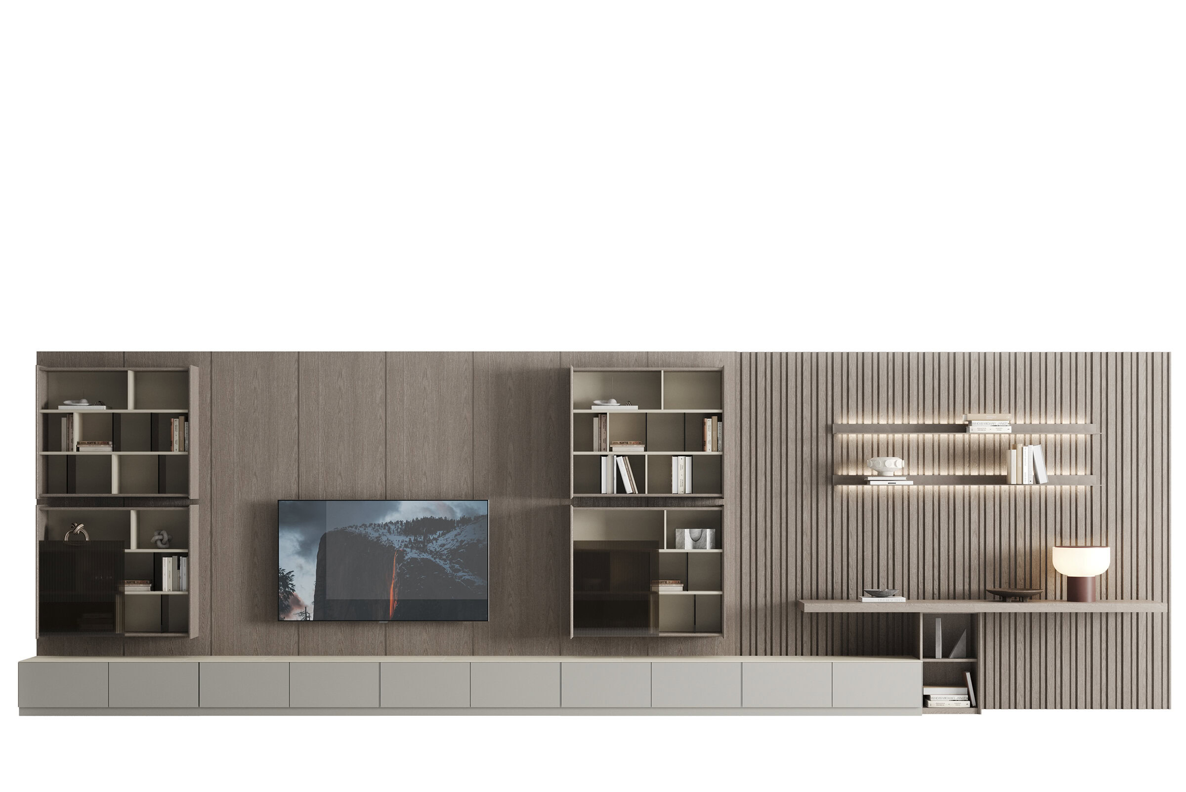Modern minimalist wall unit with wooden finish, open shelves, and integrated lighting, designed for stylish home entertainment and storage solutions.