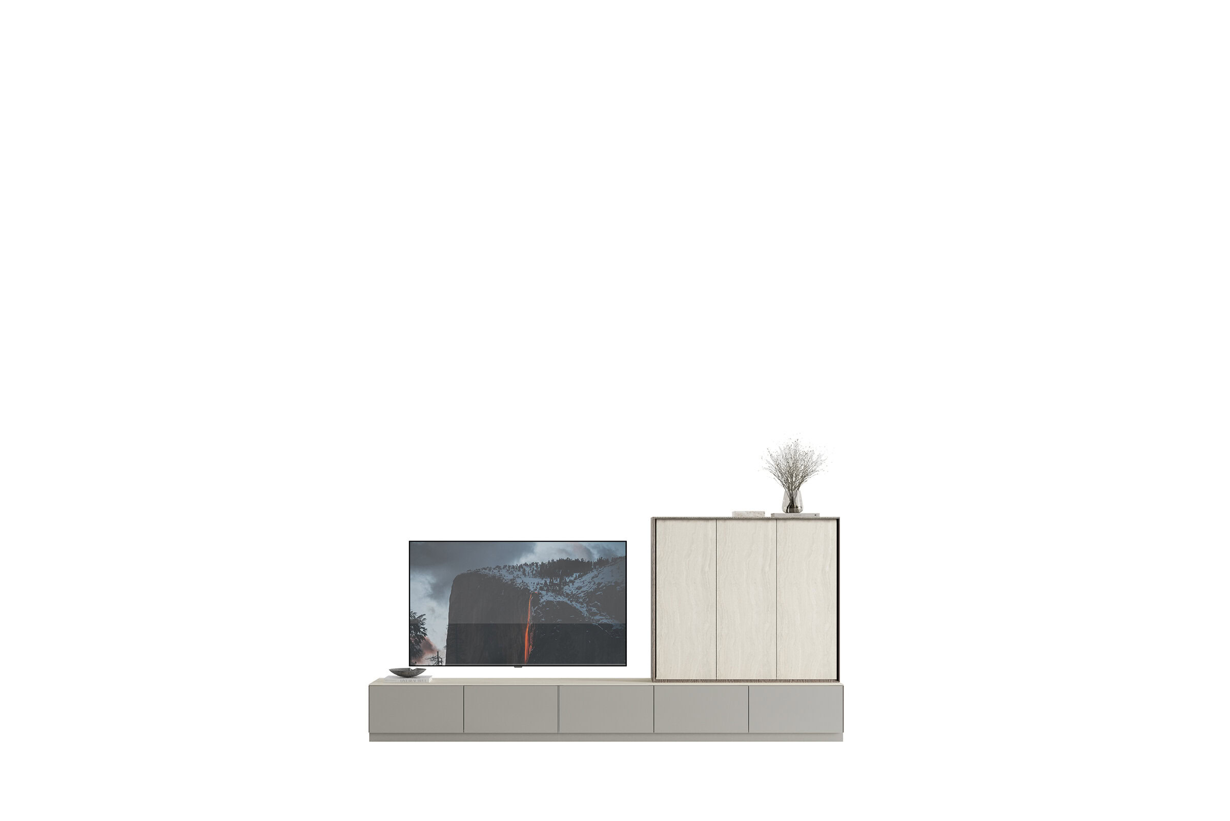 Sleek modern TV unit with storage cabinets and a minimalist design, perfect for contemporary living rooms. Crafted with quality materials to enhance your home decor and provide functional aesthetics.