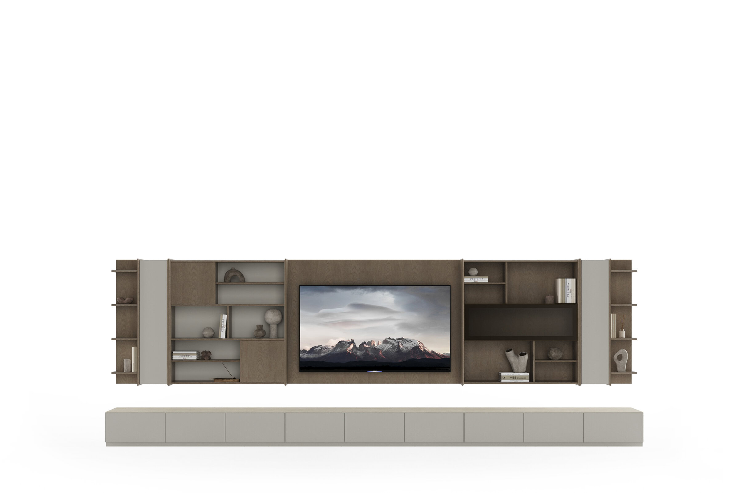 Sleek modern TV wall unit with open shelves and storage cabinets, designed for contemporary living rooms, featuring a minimalist aesthetic and functional storage solutions.