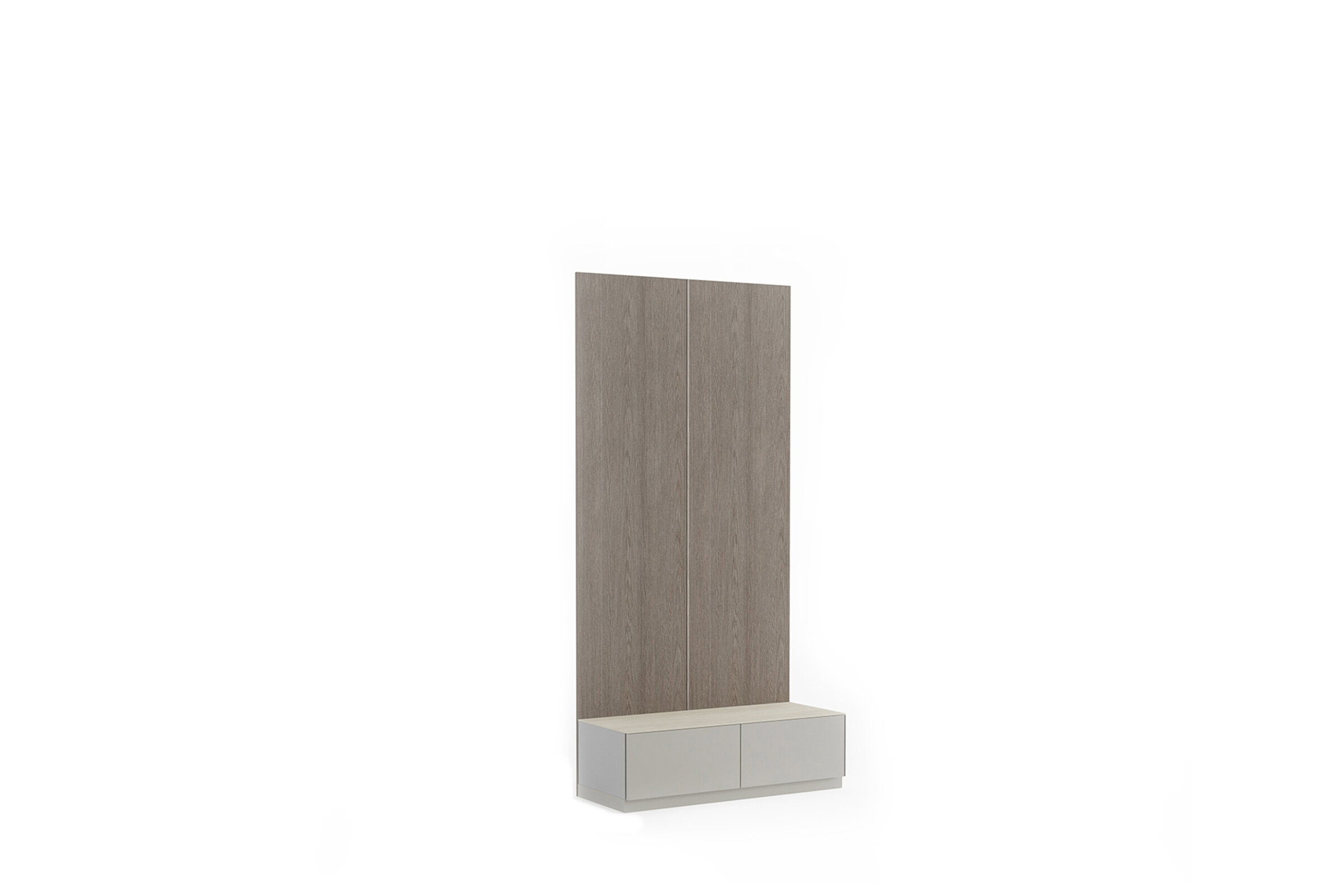Modern minimalist wardrobe with a light wood finish and white base cabinet, ideal for contemporary bedroom storage solutions.