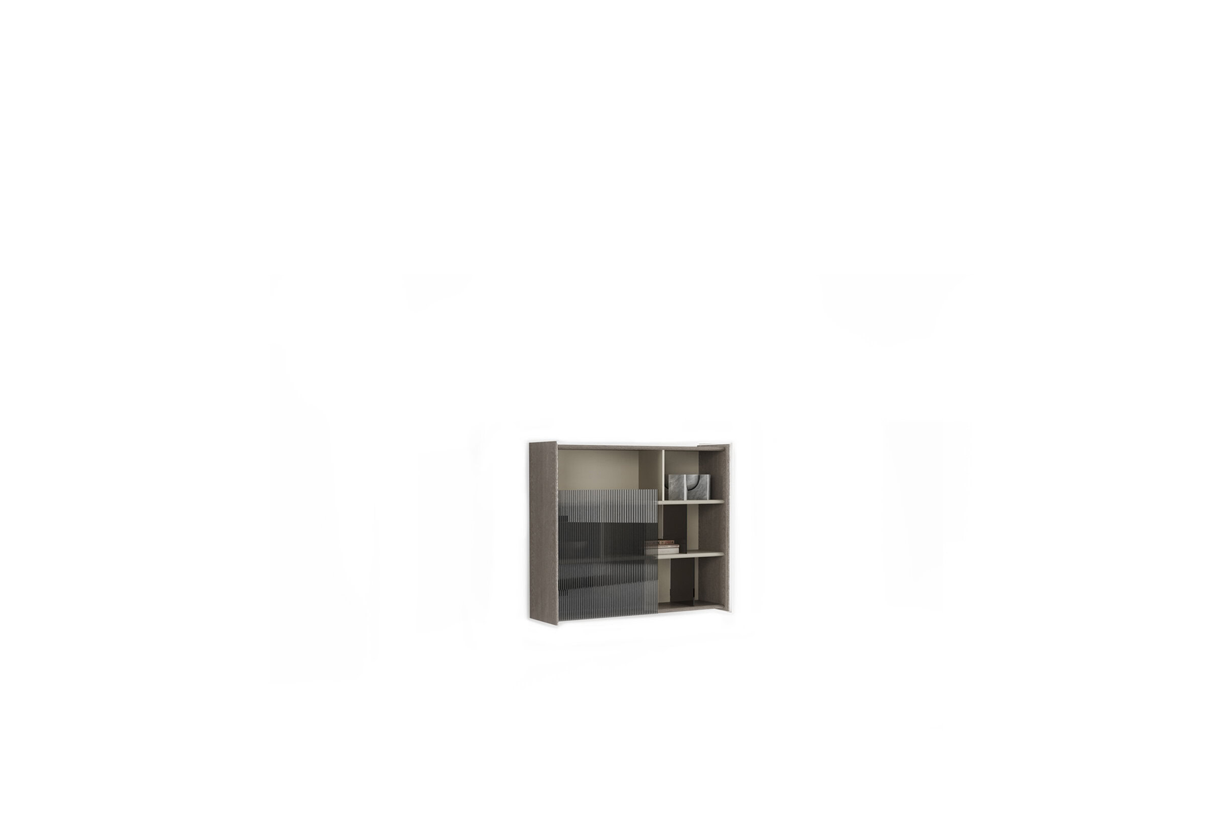 Modern multi-tone bookshelf with glass sliding doors and open storage compartments, perfect for contemporary living room or office organization.