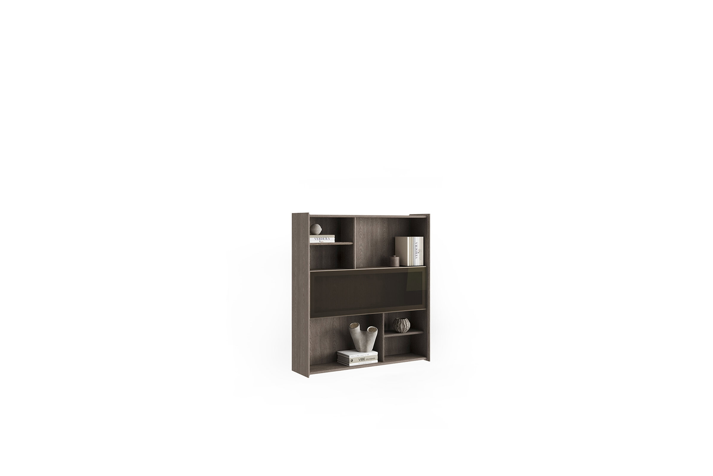 Contemporary wooden bookshelf for home decor and storage, featuring multiple open shelves and a glass-fronted compartment, ideal for organizing books, decor, and essentials in modern living spaces.