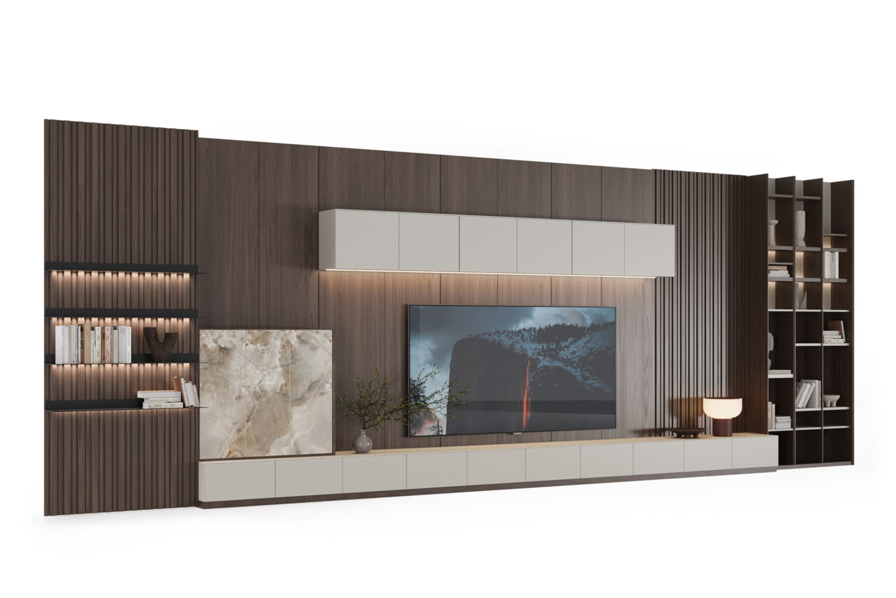 Sleek modern entertainment wall unit with white storage cabinets, wooden panel accents, and built-in shelving for stylish home organization and decor.