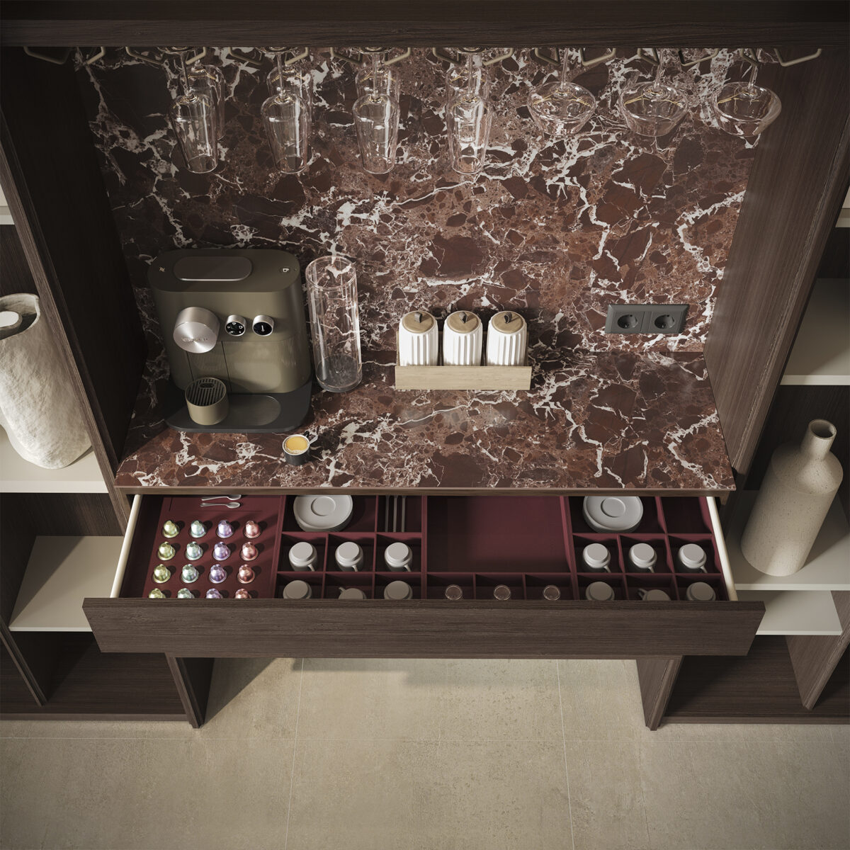 Elegant coffee station with marble countertop and organized storage.