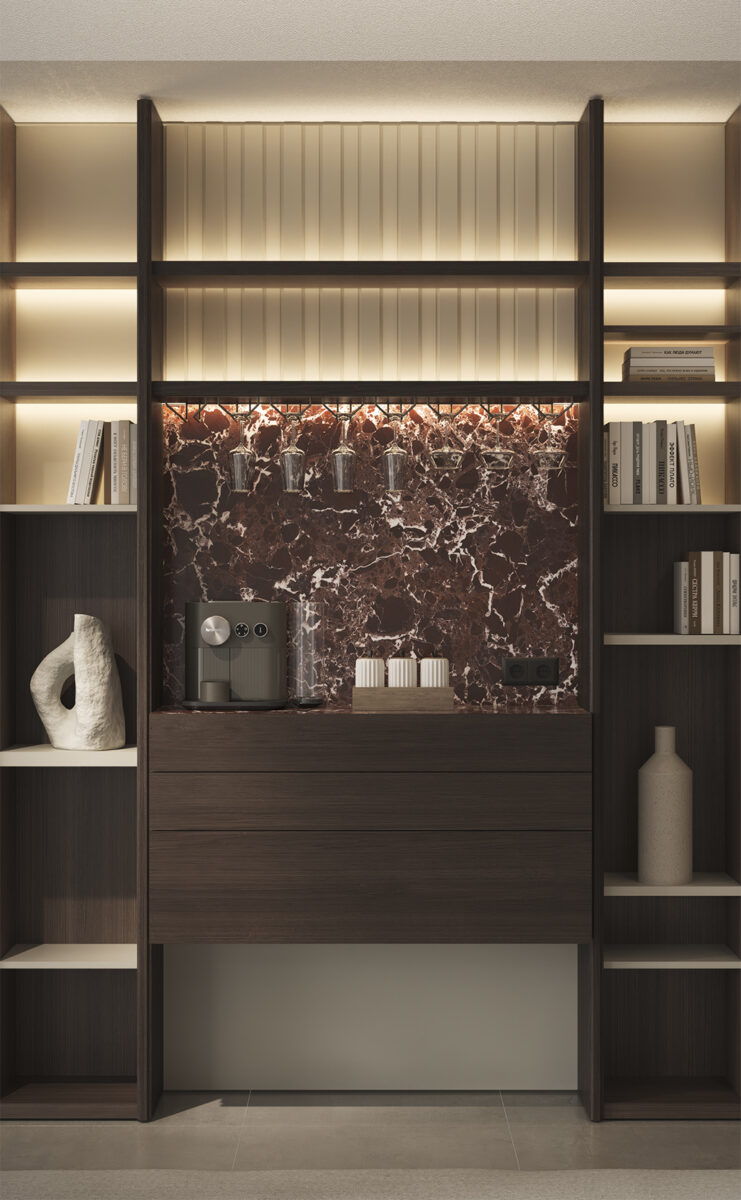 Elegant marble bar with dark wood cabinetry, surrounded by stylish open shelves and warm ambient lighting, perfect for contemporary home or office spaces.