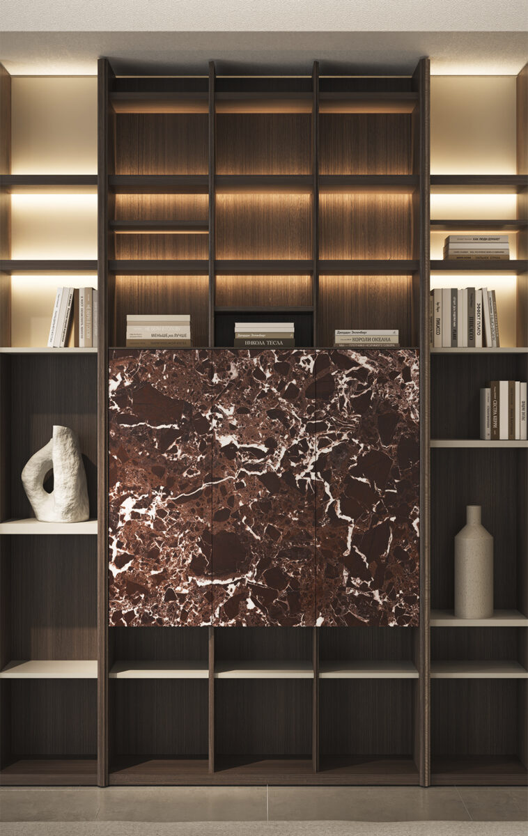 Elegant wooden bookshelf with integrated marble panel and warm lighting, ideal for stylish home or office storage solutions. Crafted with high-quality materials for durability and aesthetic appeal.