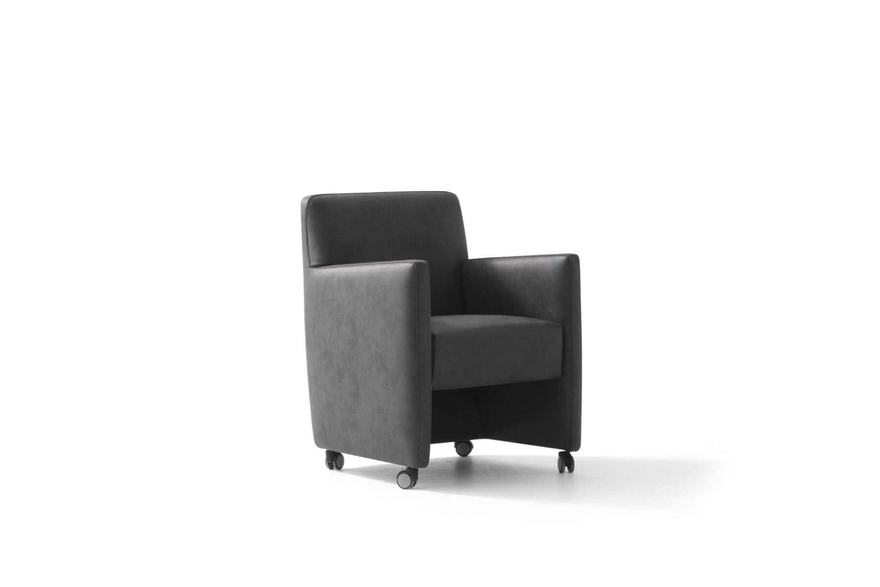 Dark gray modern rolling armchair with sleek upholstery, ideal for stylish office or lounge spaces. Perfect for contemporary home and commercial furniture needs.