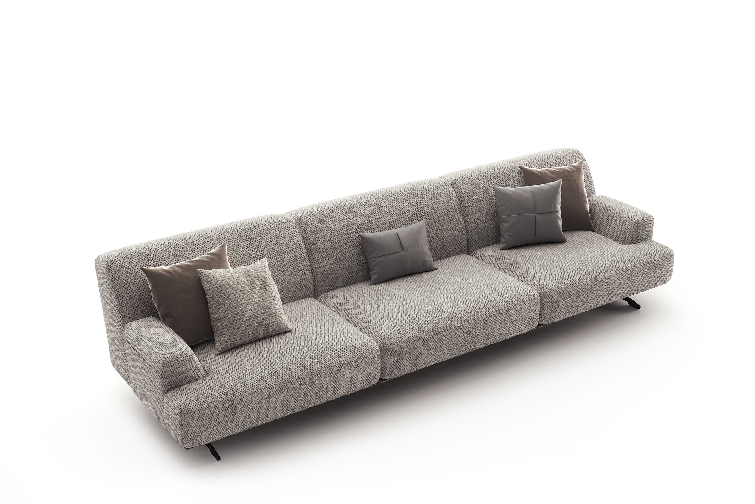 Elegant grey fabric sofa with plush cushions, ideal for contemporary living rooms and stylish home decor. Comfortable seating with a sleek design.