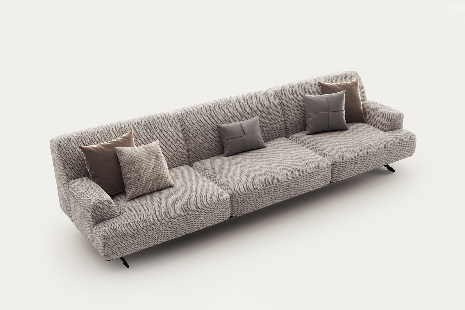 Elegant grey fabric sofa with five decorative cushions, perfect for contemporary living room decor.