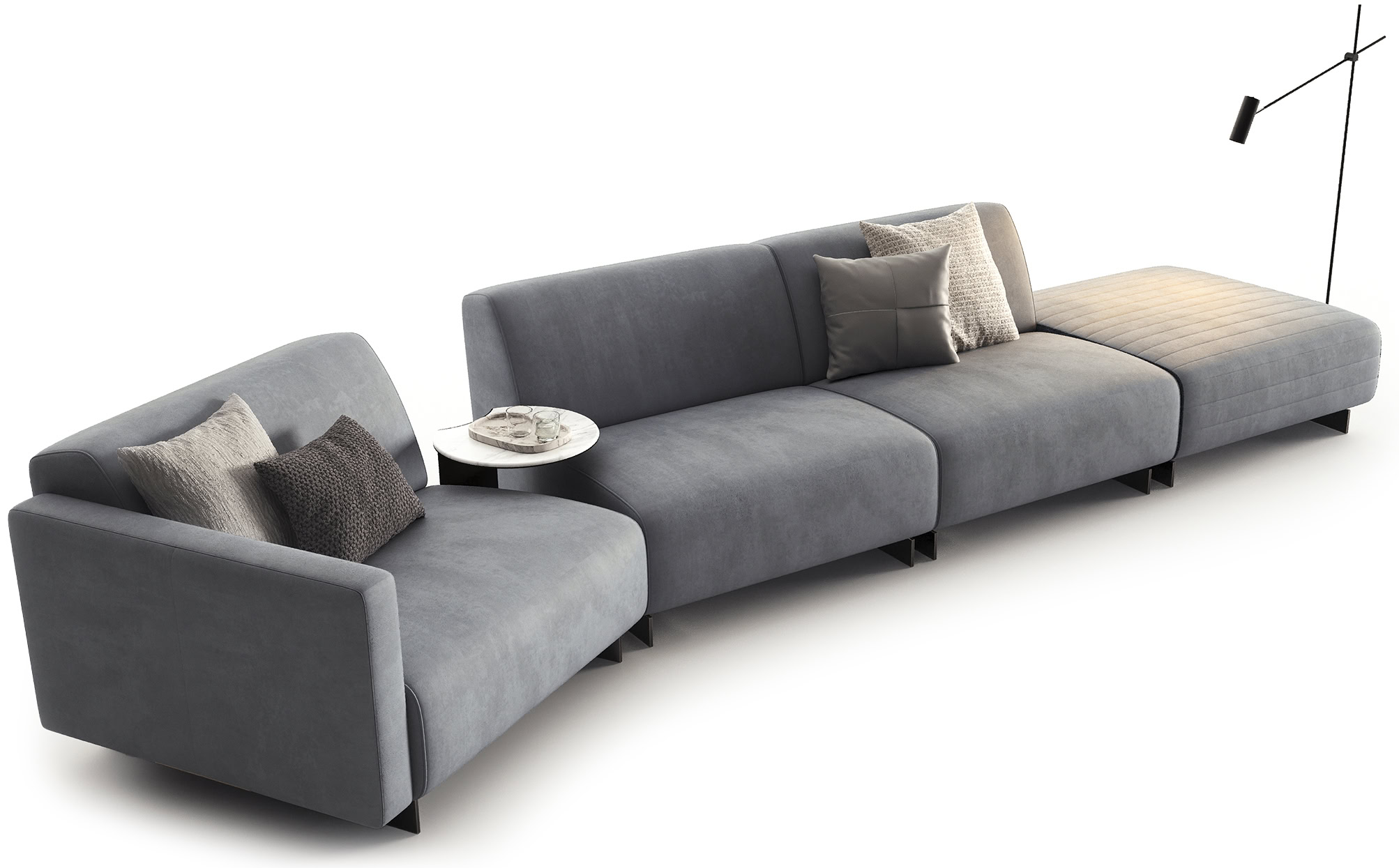 A stylish grey sectional sofa with plush cushions, perfect for contemporary living rooms. Designed for comfort and elegance, it enhances any home decor with its sleek appearance.