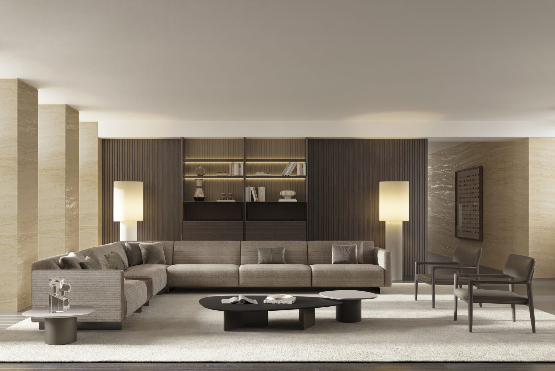 Elegant modern living room with a large sectional sofa, coffee table, and built-in shelving by Saloni Furniture.