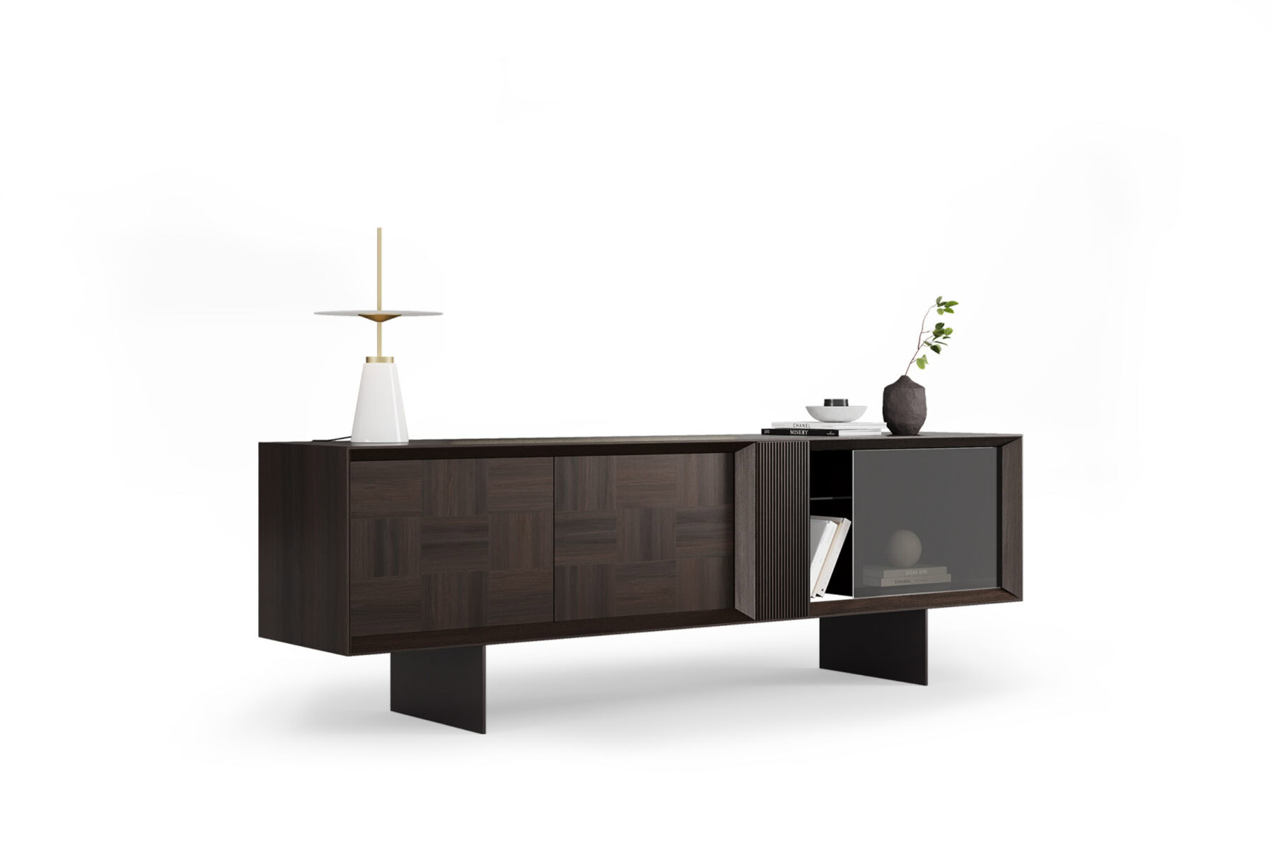 Stylish dark wood sideboard with sliding doors and glass cabinet for modern living room decor. Perfect for displaying books, decor, and adding elegance to your space.