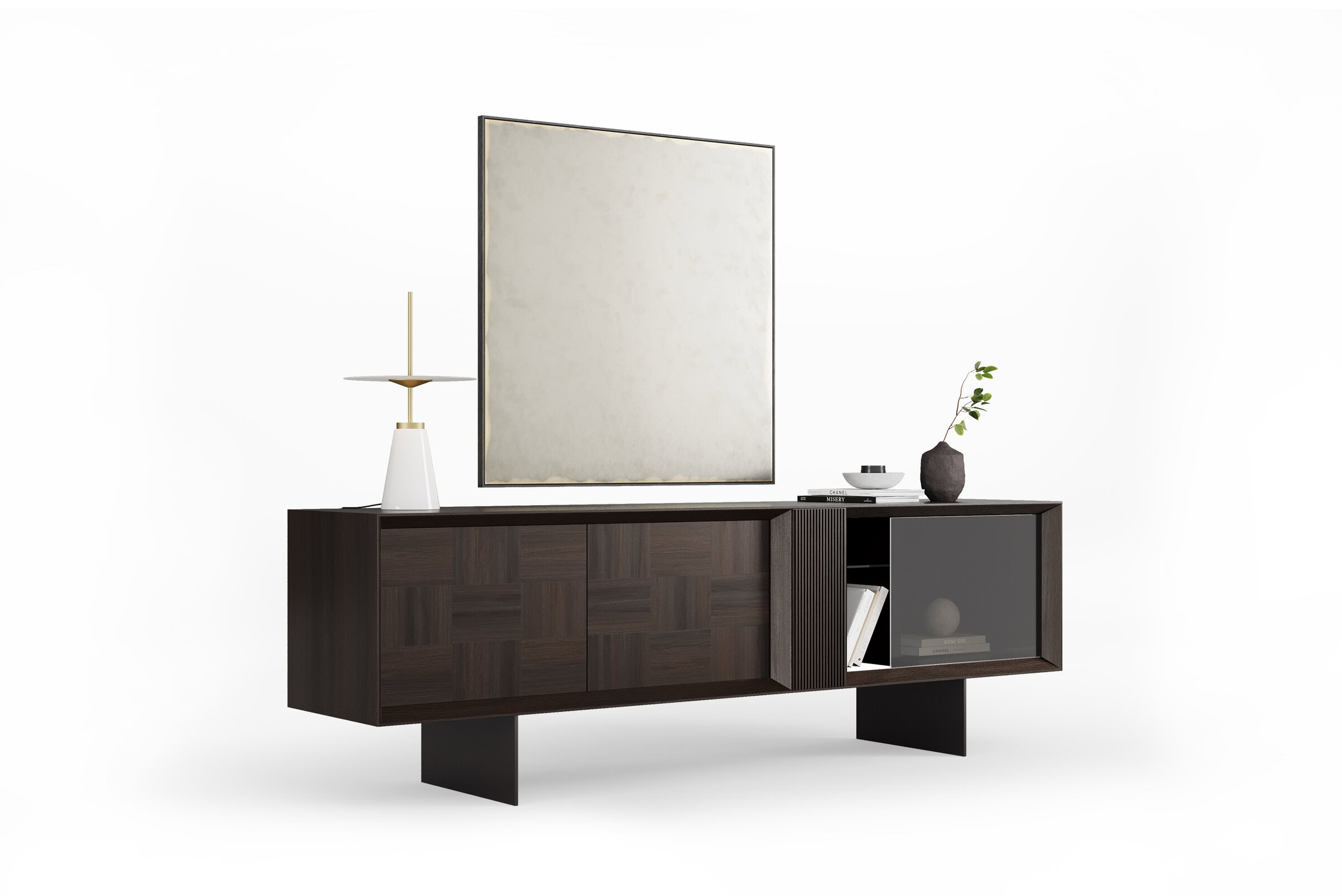 Sleek modern wooden sideboard with storage compartments, glass door, and decorative accessories for stylish living room decor.