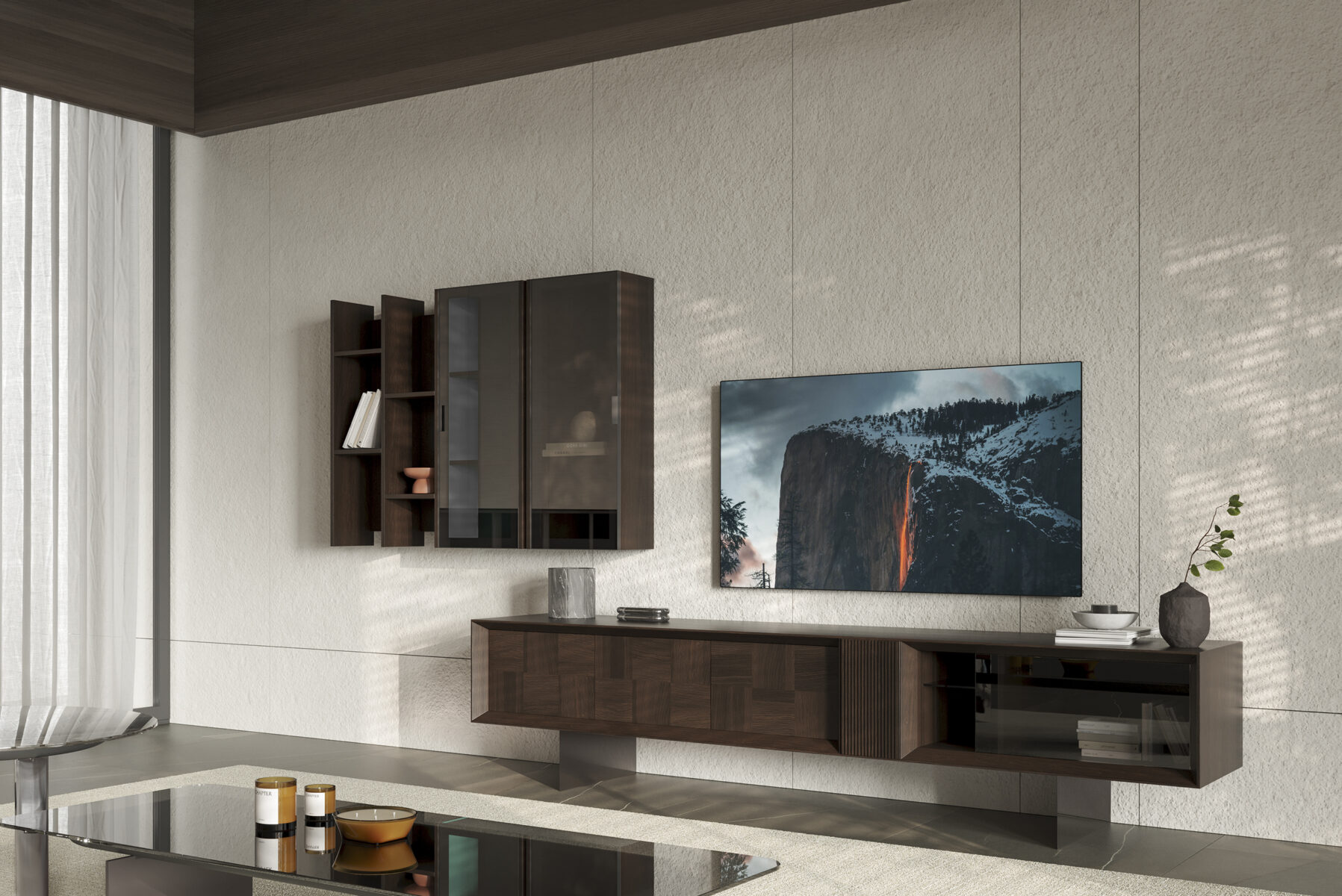Sleek modern living room with elegant wooden wall-mounted TV unit and cabinet, showcasing stylish furniture design for contemporary home decor.