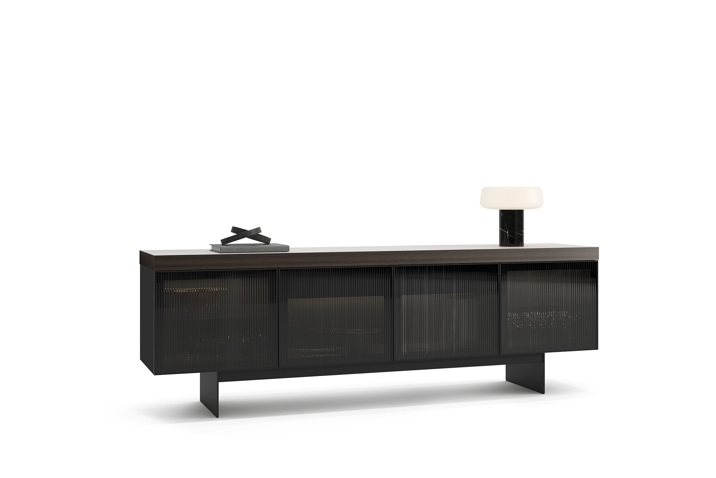 Sleek modern sideboard with black slatted doors and a wooden top, ideal for stylish living room or dining room storage solutions.