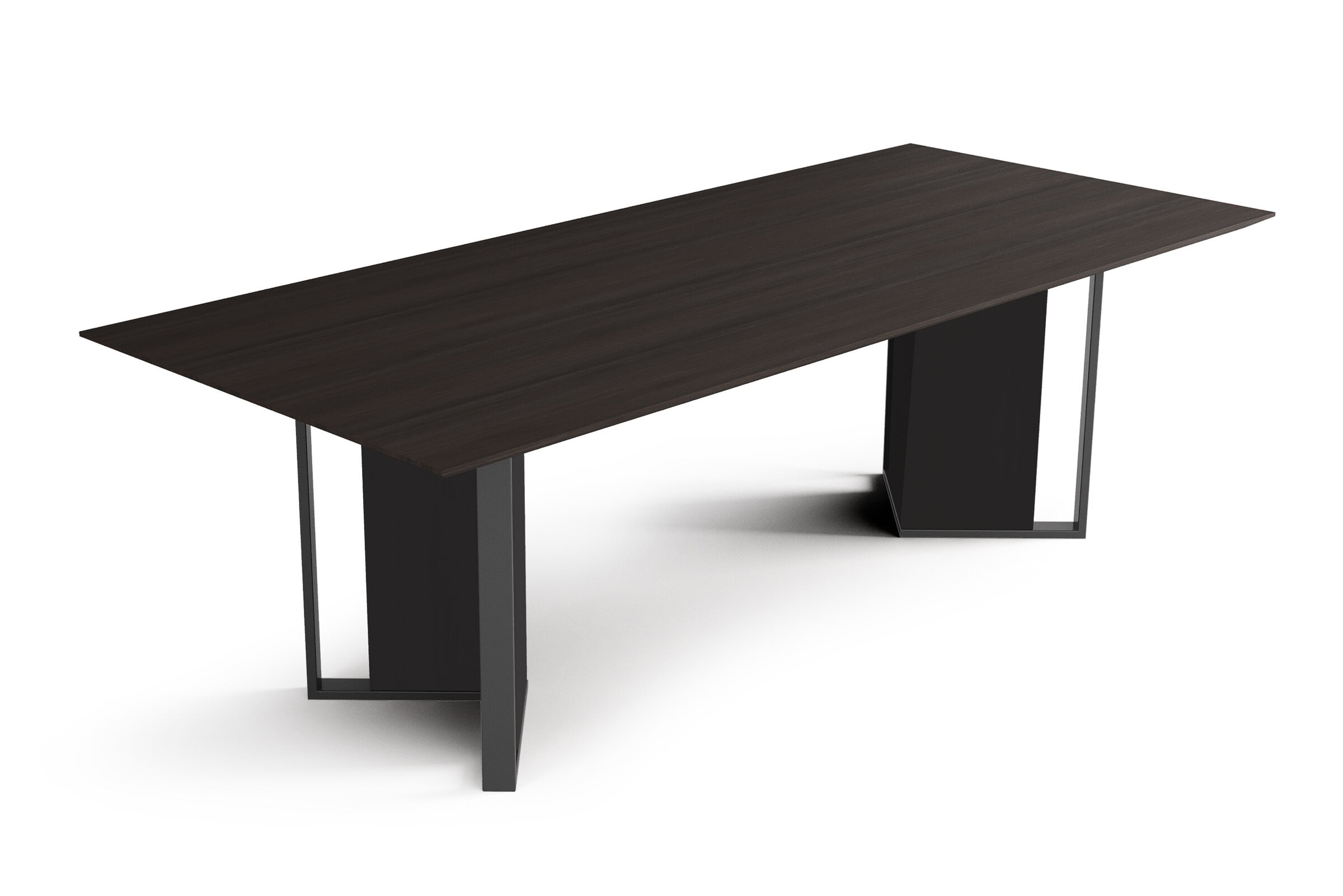 Sleek dark wood conference table with modern black metal legs, ideal for executive offices and boardrooms. Designed for style and functionality, perfect for corporate meeting spaces.