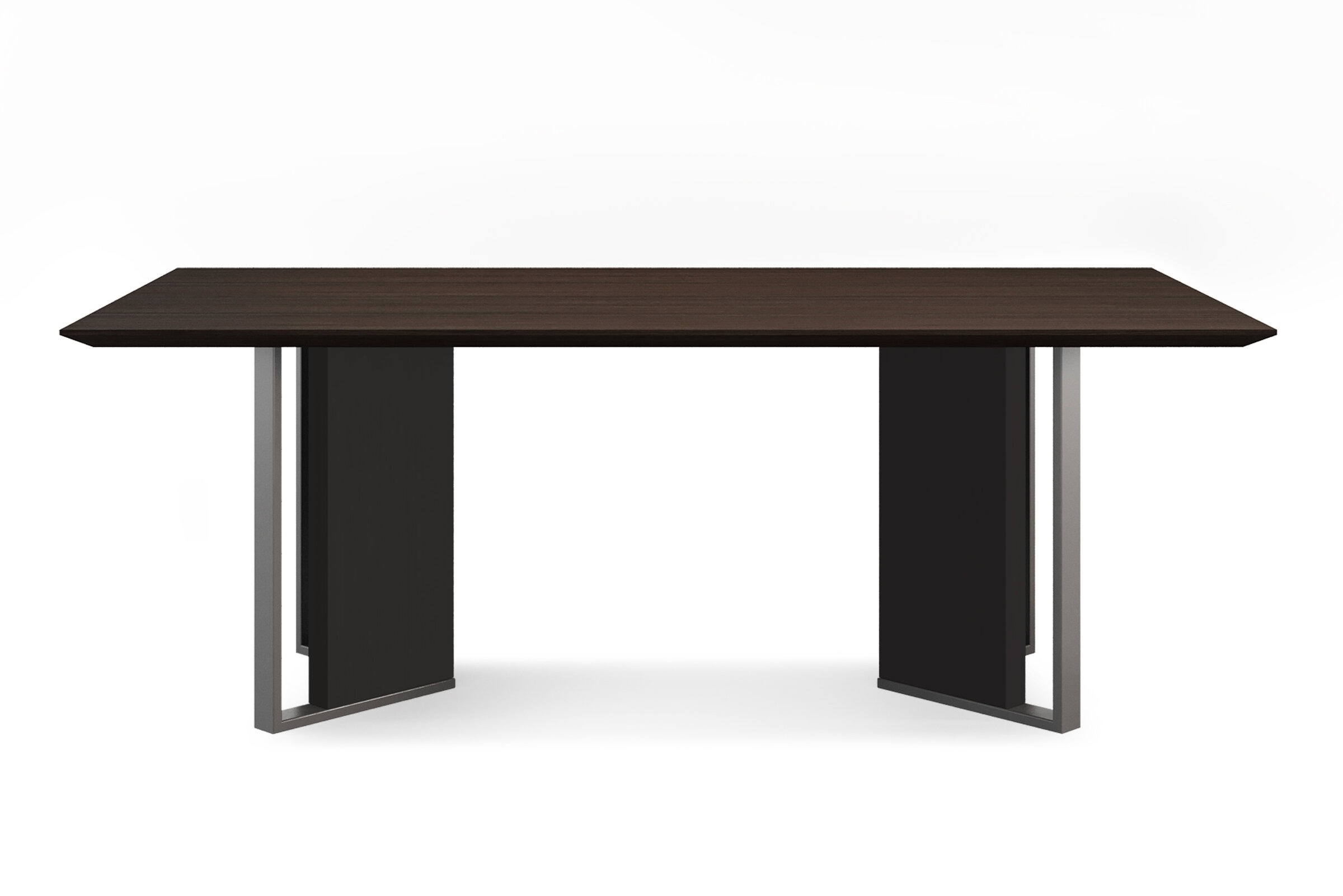 Contemporary wooden dining table with black and metal accents, ideal for modern homes and office spaces. Stylish, durable, and perfect for gatherings or meetings.