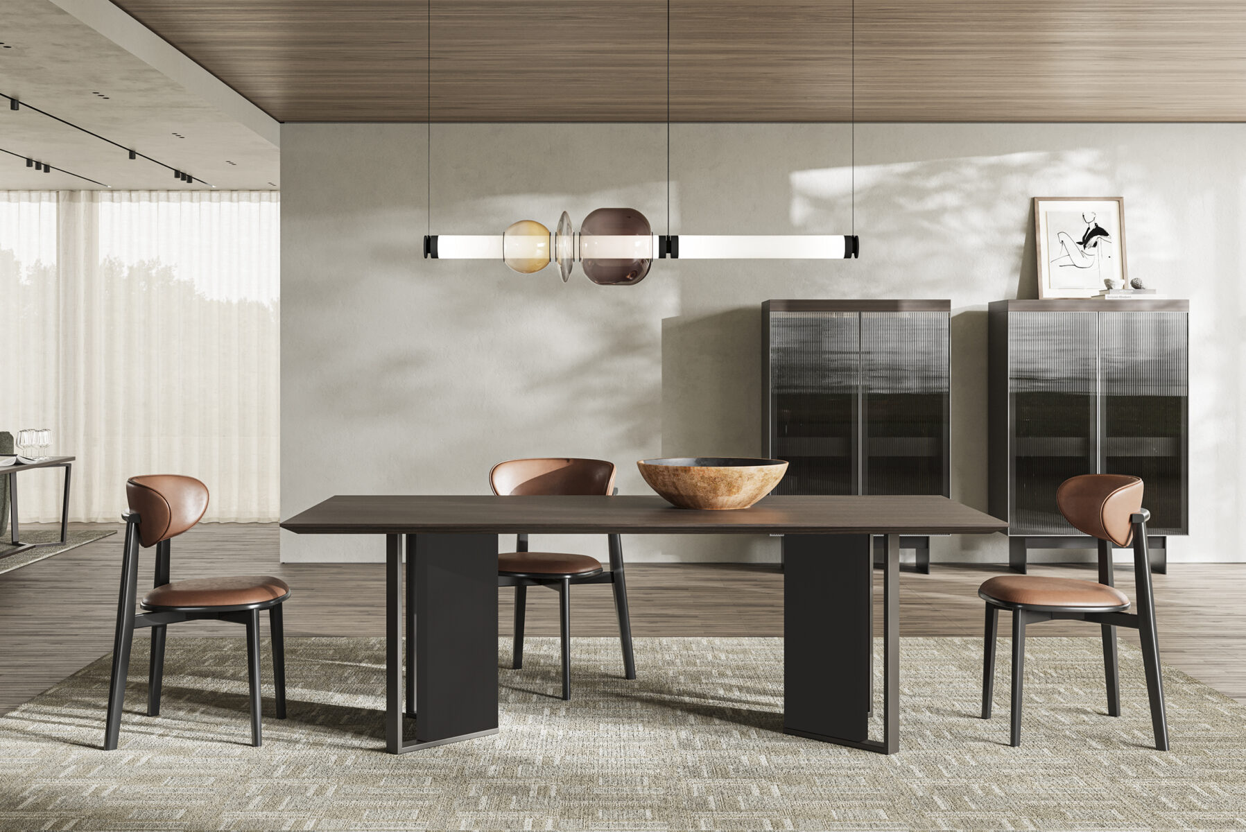 Sleek modern dining room with stylish dark wood table, leather chairs, contemporary pendant lighting, and minimalist decor for elegant interior design.