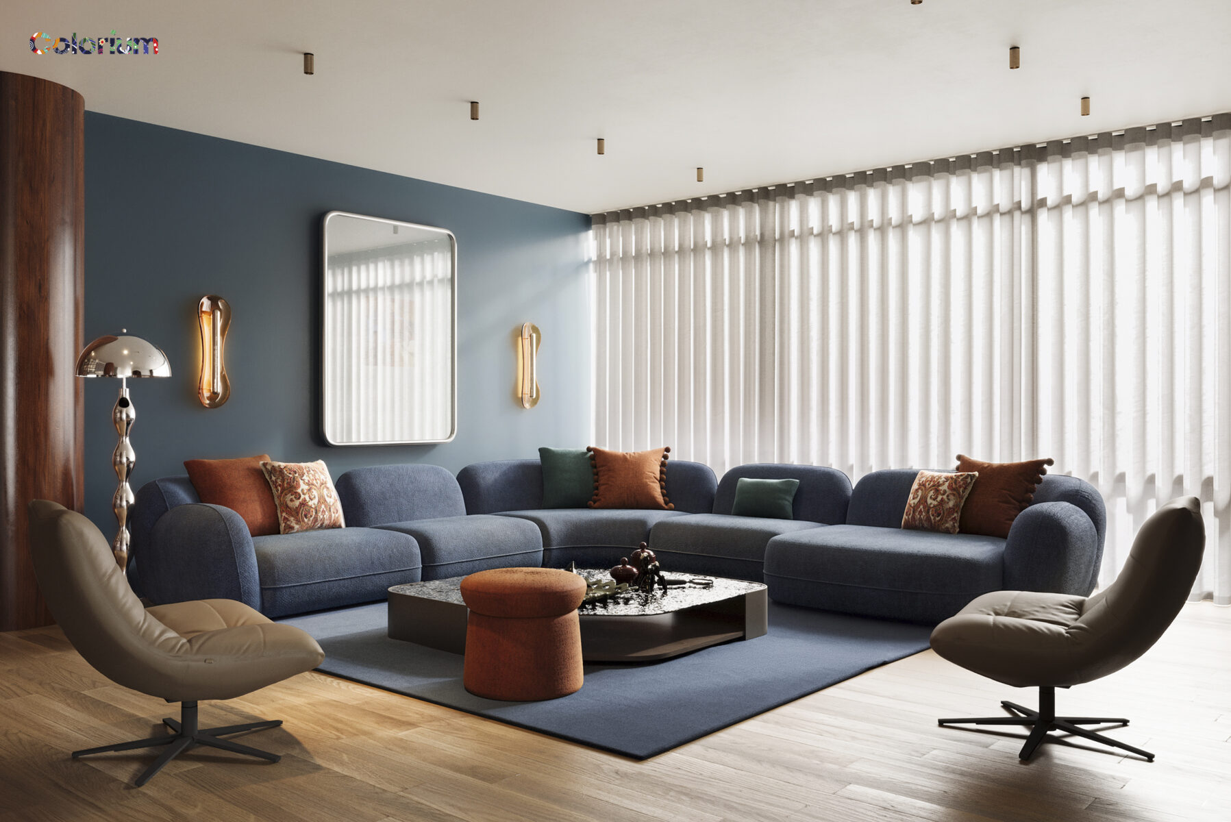Stylish modern living room with blue sofas, armchairs, and decorative cushions, featuring a contemporary design and natural light from large window blinds.