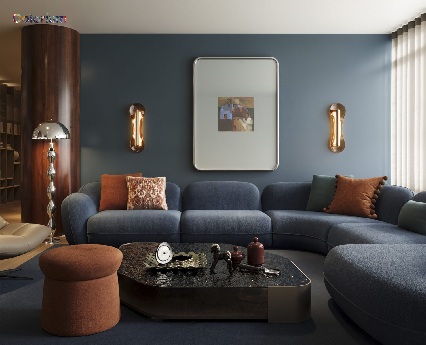 Stylish modern living room featuring Saloni Furniture sofa set, decorative pillows, wall mirror, and ambient lighting for a cozy atmosphere.