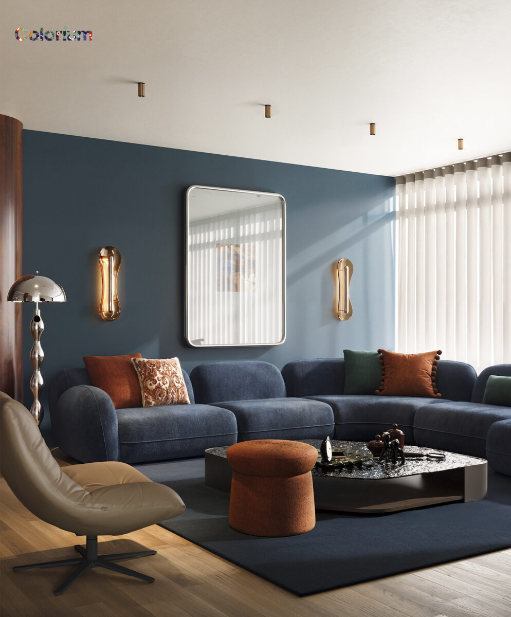 Contemporary living room featuring a blue sofa set, a beige lounge chair, and a black coffee table with decorative items, illuminated by natural light from vertical blinds.