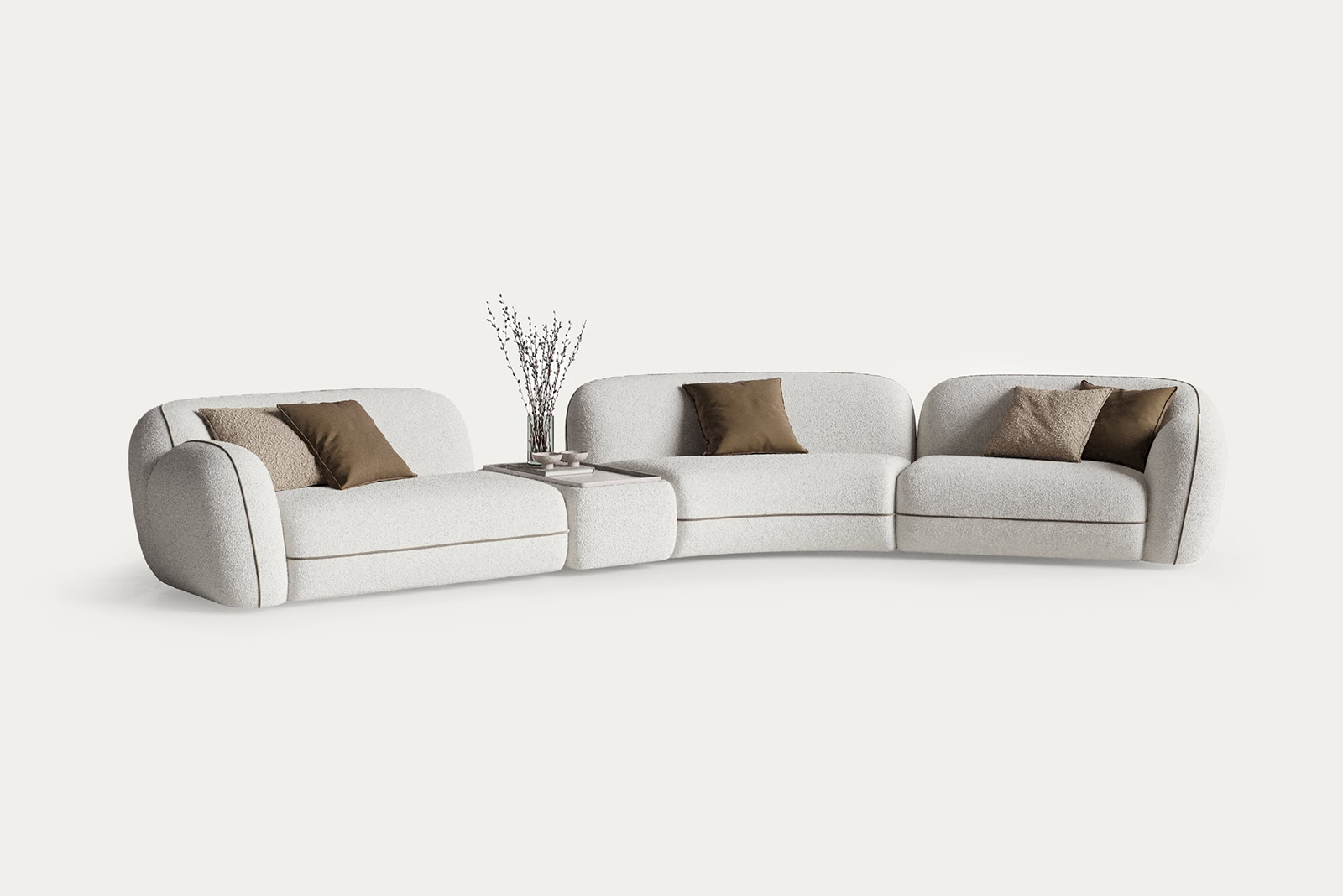 Elegant modern white sofa set with brown cushions, perfect for contemporary living rooms, from Saloni Furniture.