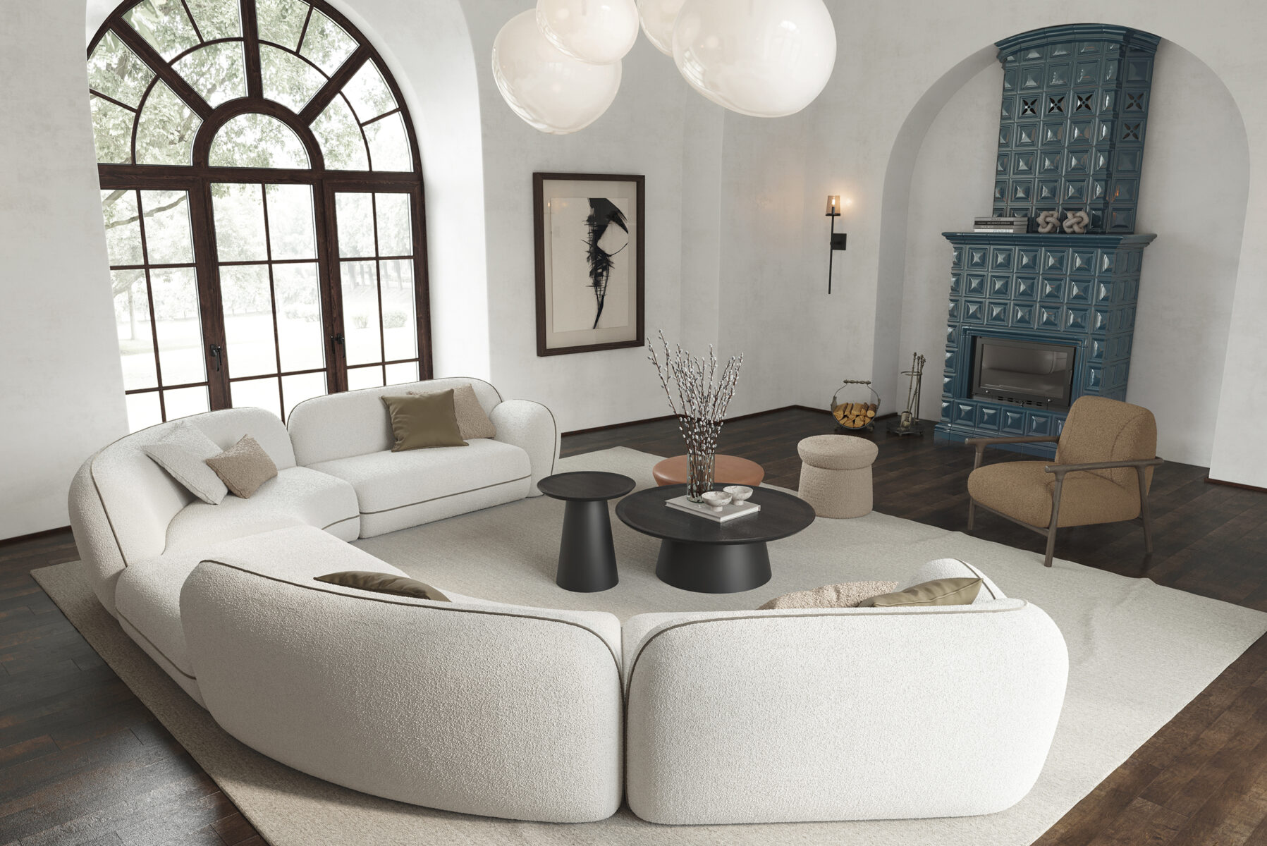 Luxury modern white curved sectional sofa with throw pillows in stylish living room with large arched window and blue tiled fireplace.