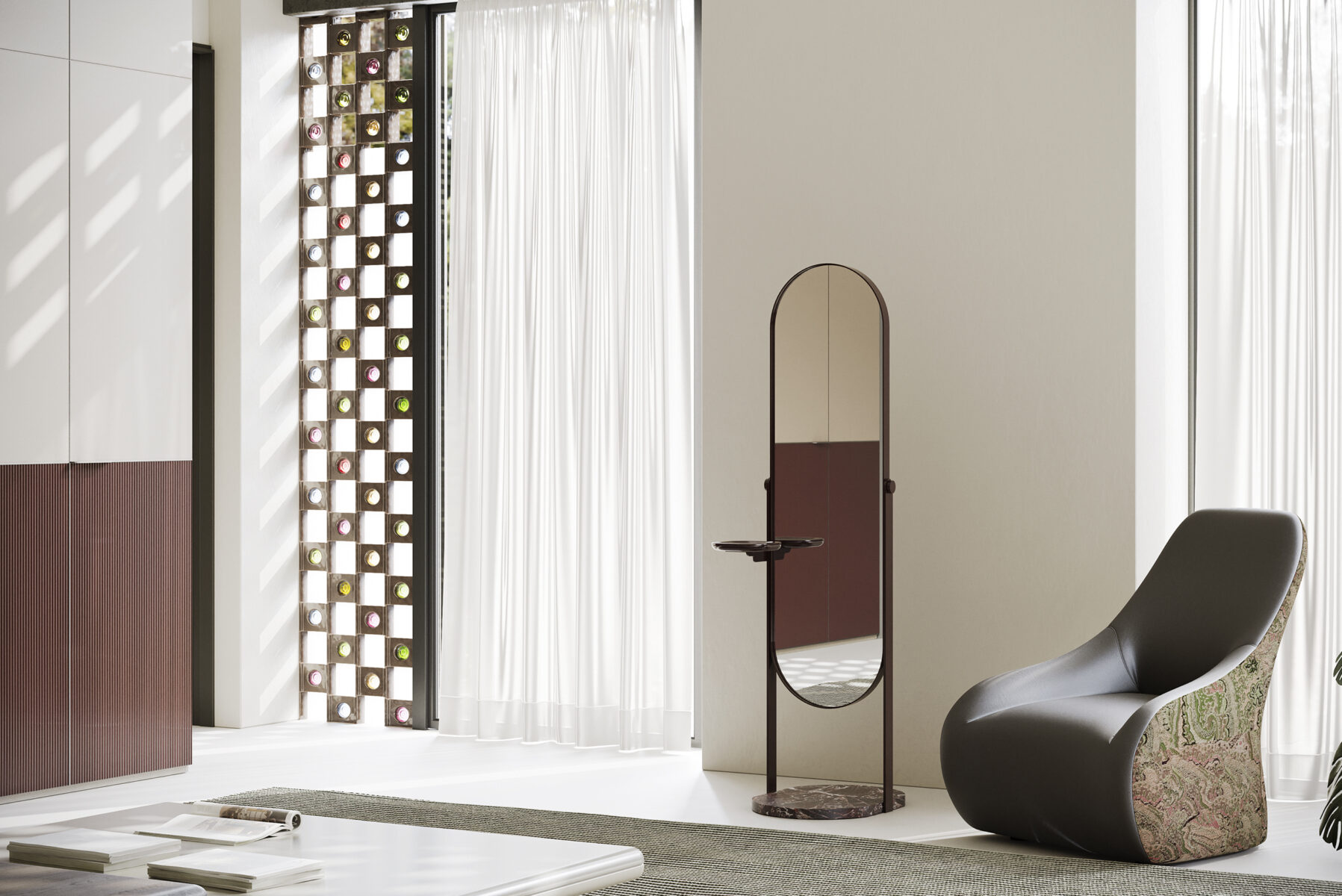Stylish modern home interior with a comfortable armchair, decorative mirror, and innovative wine rack, perfect for enhancing your living room decor.
