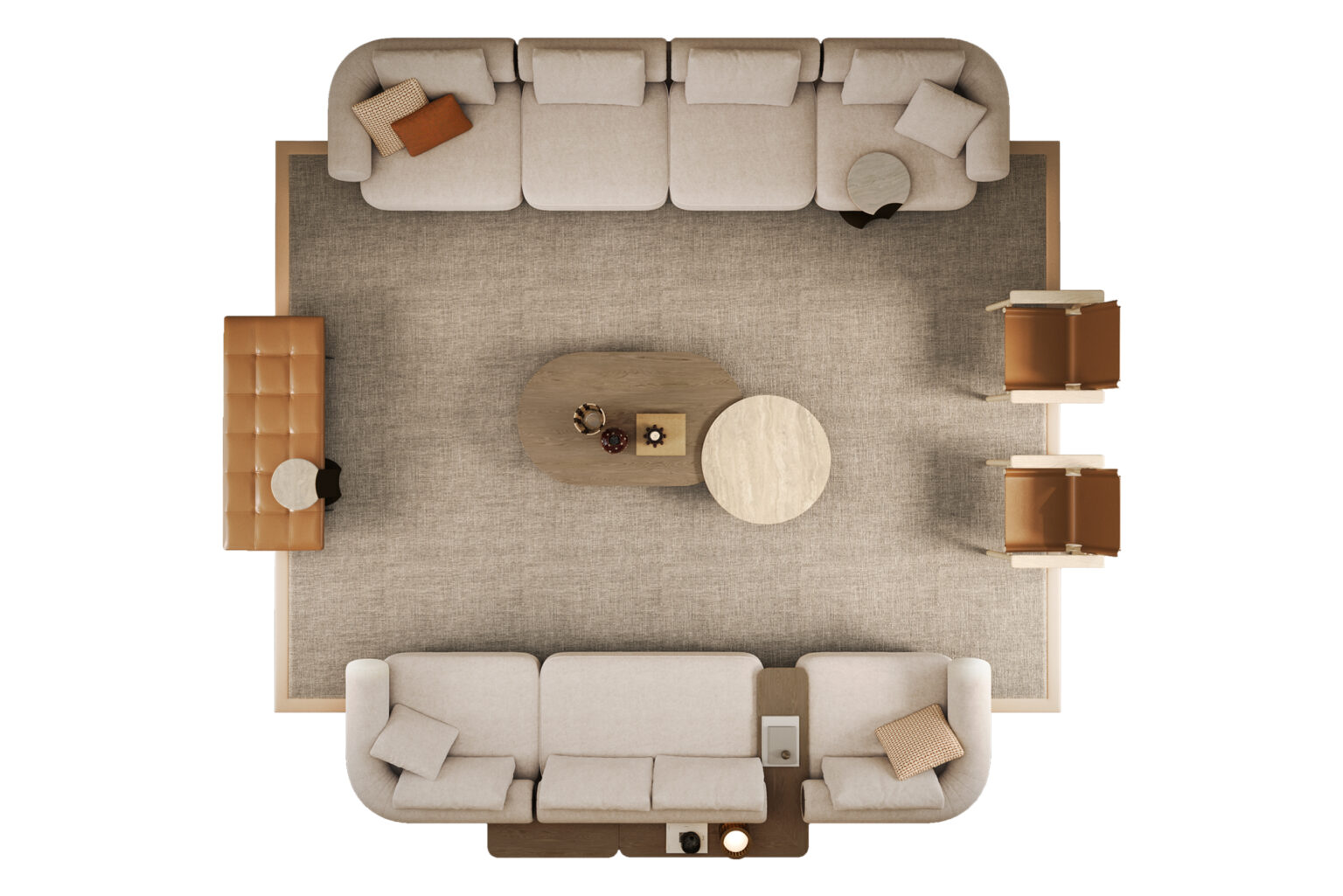 Modern living room with beige sofas, wooden coffee table, and armchairs, showcasing stylish and comfortable furniture from Saloni Furniture.