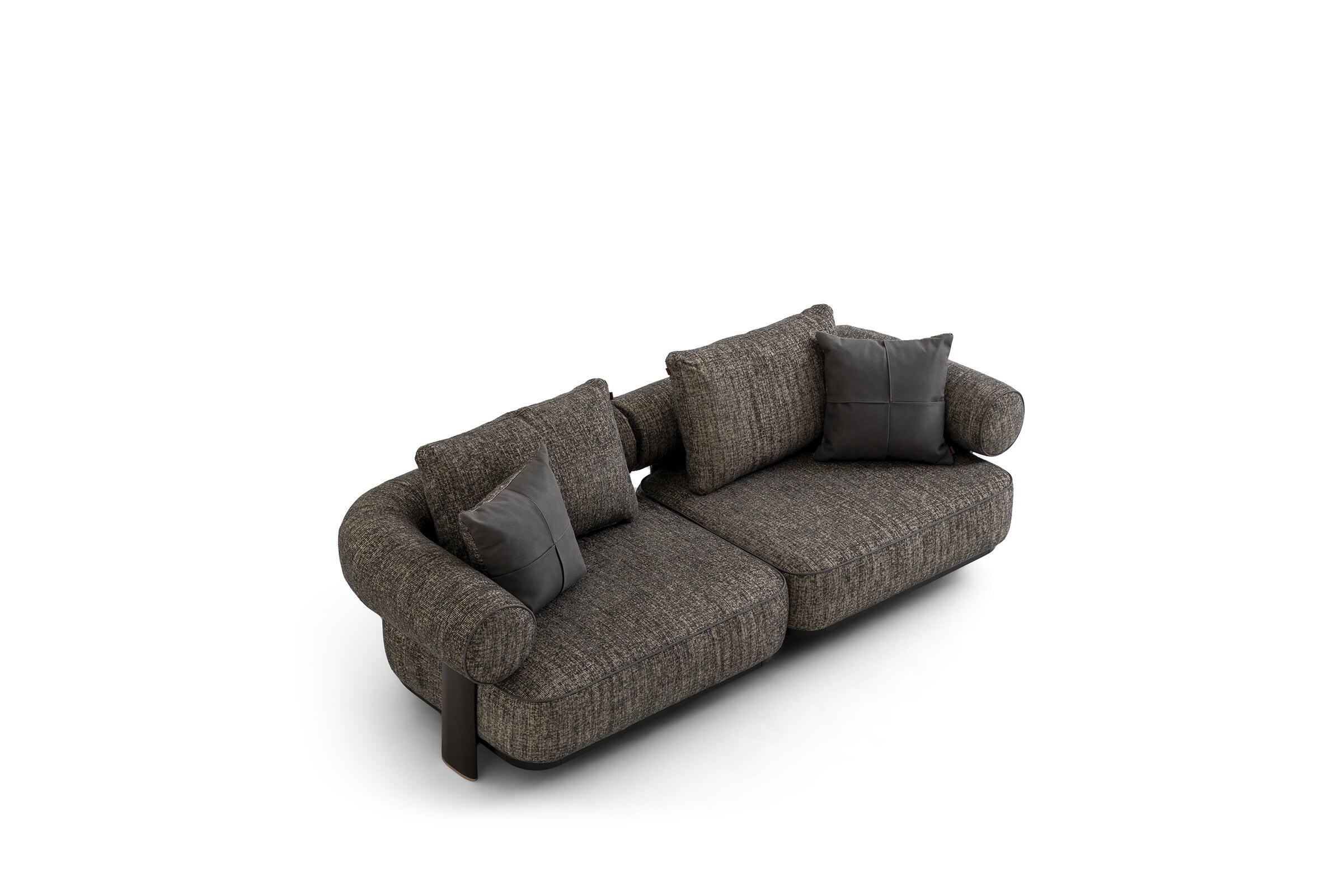 Comfortable dark brown fabric sofa with decorative pillows, stylish design, perfect for contemporary living rooms, durable and cozy for everyday use.